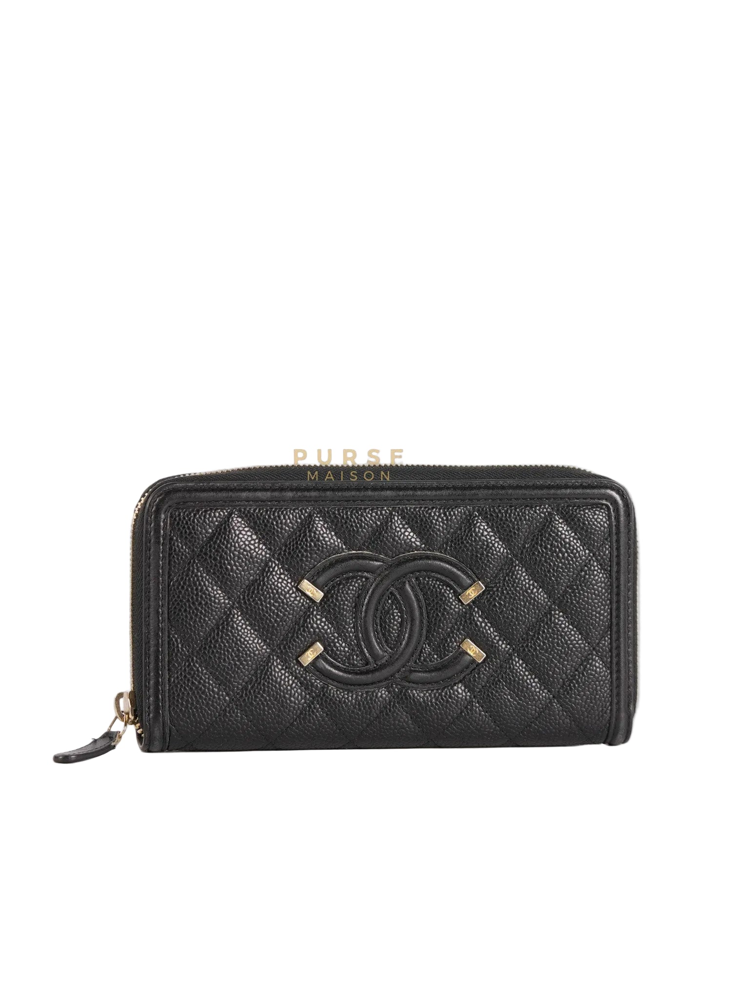 CC Filigree Long Wallet in Black Caviar Leather & Light Gold Hardware Series 26 | Purse Maison Luxury Bags Shop