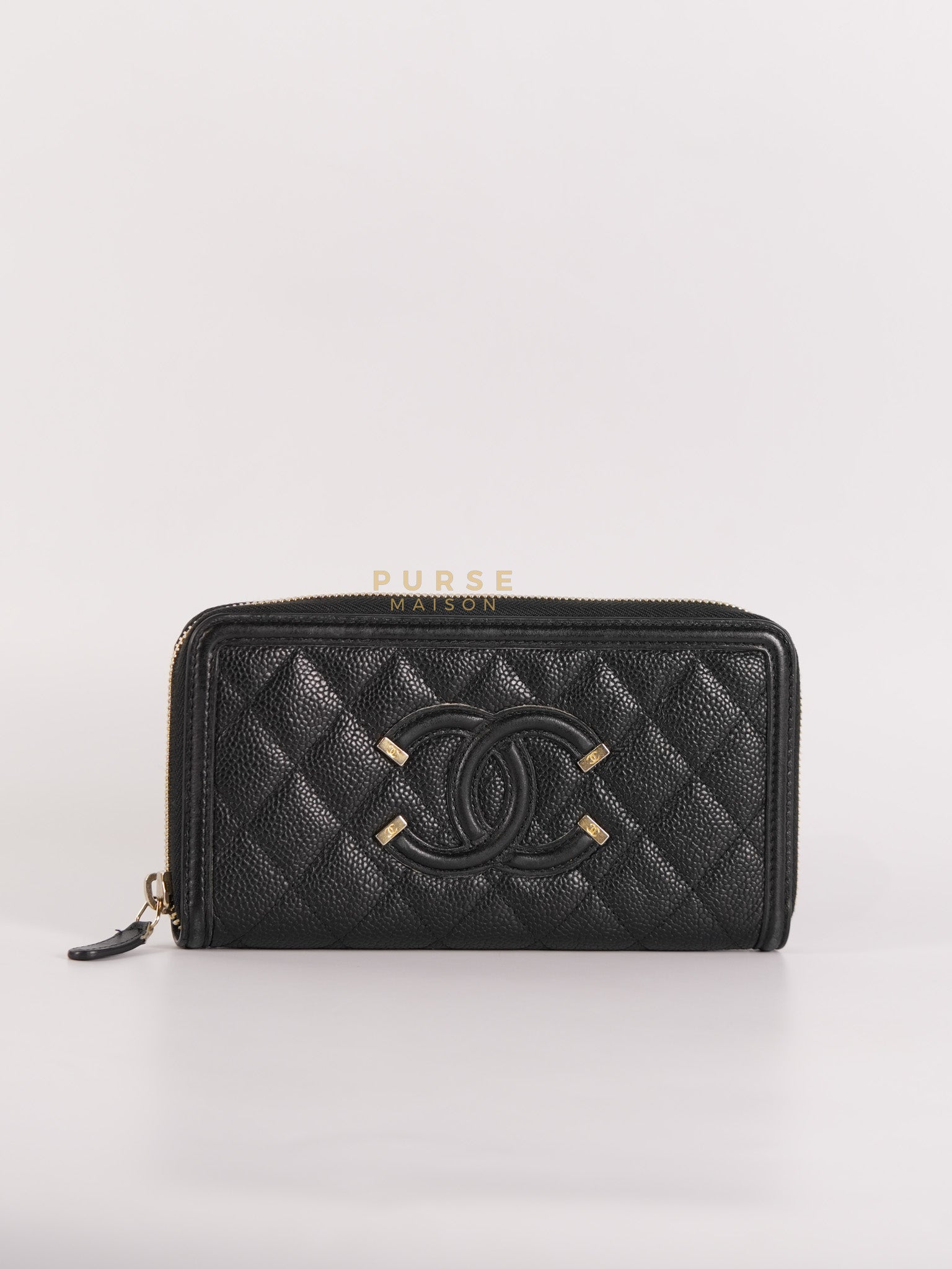 CC Filigree Long Wallet in Black Caviar Leather & Light Gold Hardware Series 26 | Purse Maison Luxury Bags Shop
