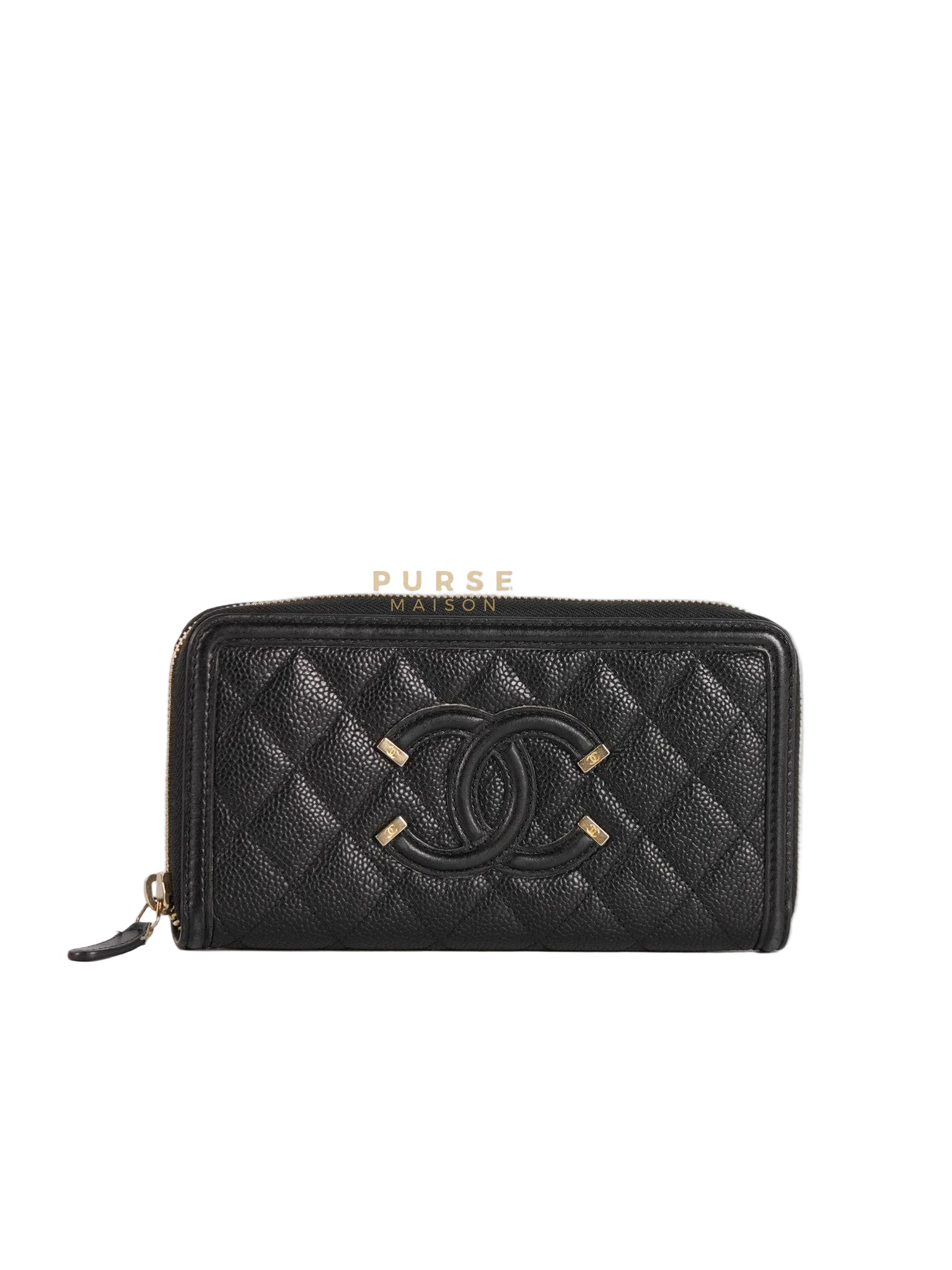 CC Filigree Long Wallet in Black Caviar Leather & Light Gold Hardware Series 26 | Purse Maison Luxury Bags Shop