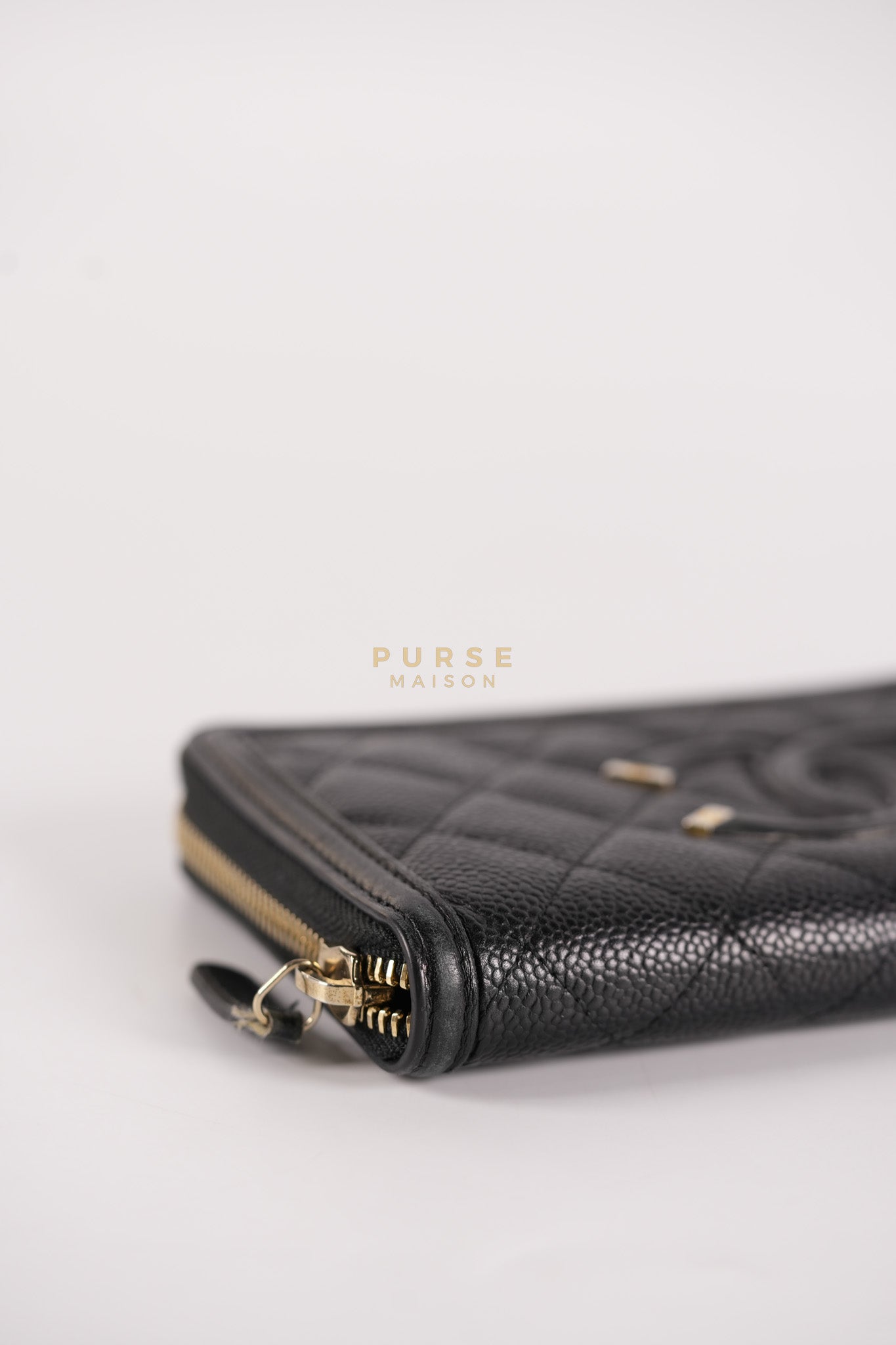 CC Filigree Long Wallet in Black Caviar Leather & Light Gold Hardware Series 26 | Purse Maison Luxury Bags Shop