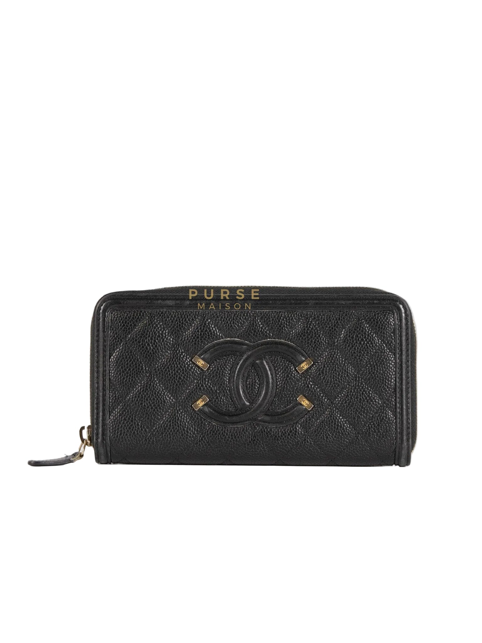 CC Filigree Long Wallet in Black Caviar Leather & Light Gold Hardware Series 26 | Purse Maison Luxury Bags Shop