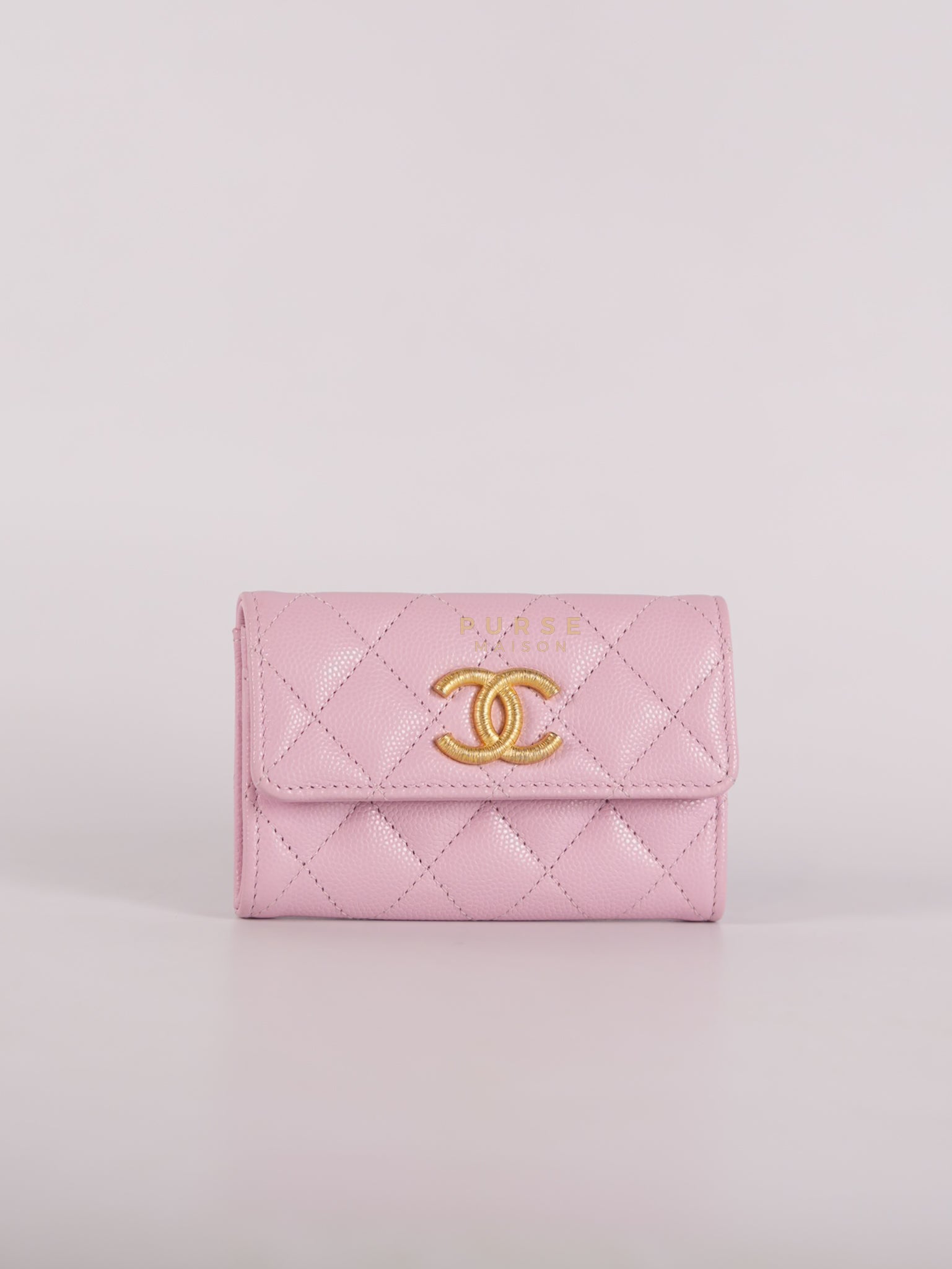 CC Flap Card Holder in Baby Pink Quilted Caviar Leather & Gold Hardware Microchip | Purse Maison Luxury Bags Shop