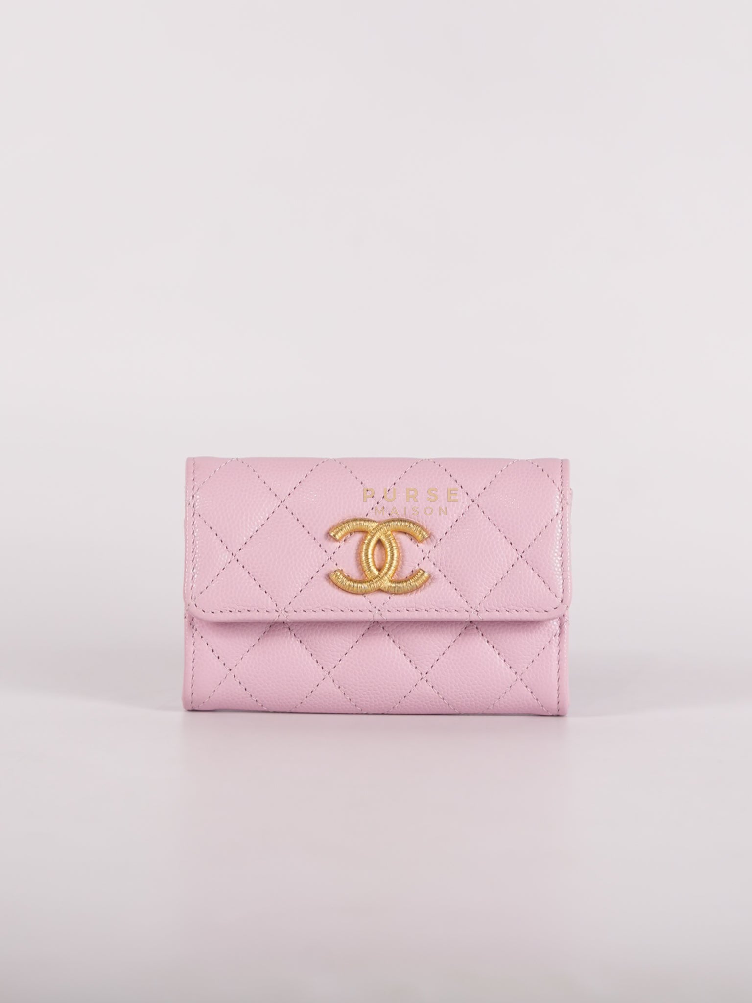 CC Flap Card Holder in Baby Pink Quilted Caviar Leather & Gold Hardware Microchip | Purse Maison Luxury Bags Shop