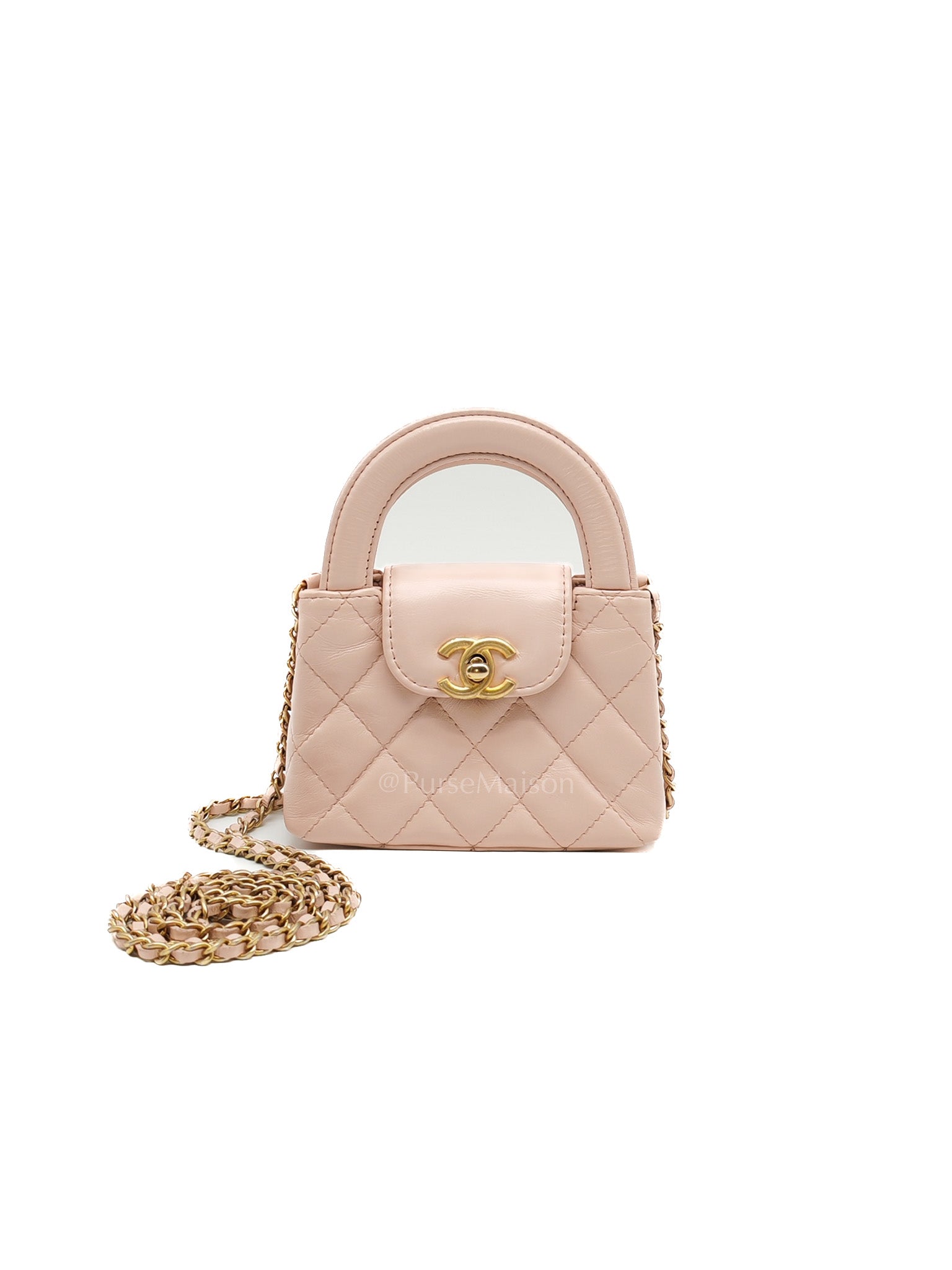 CC Kelly Micro in Light Pink Calfskin Leather in Aged Gold Hardware (Microchip) | Purse Maison Luxury Bags Shop