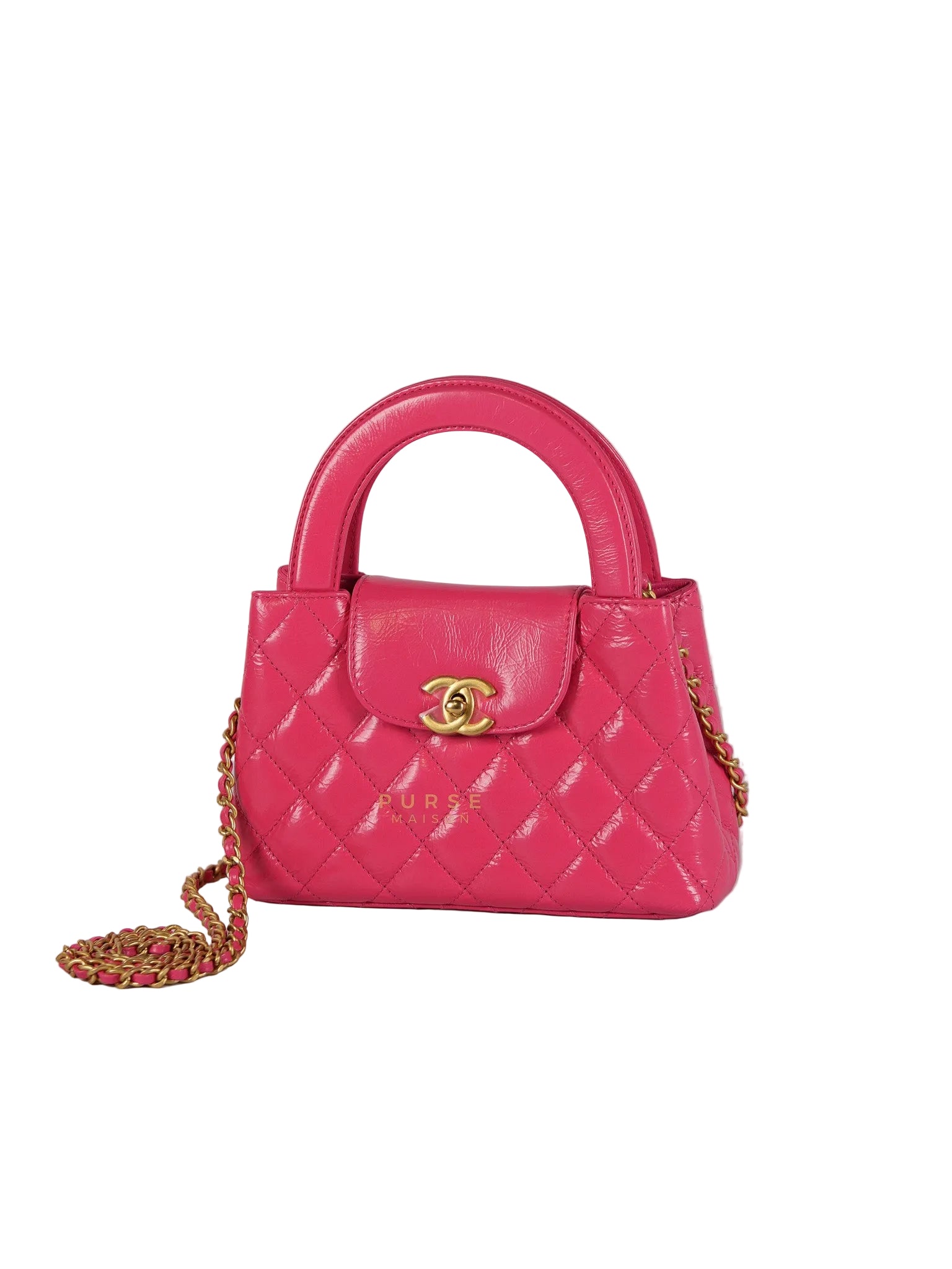 CC Kelly Small Fuchsia Shiny Calfskin Leather and Aged Gold Hardware (Microchip) | Purse Maison Luxury Bags Shop