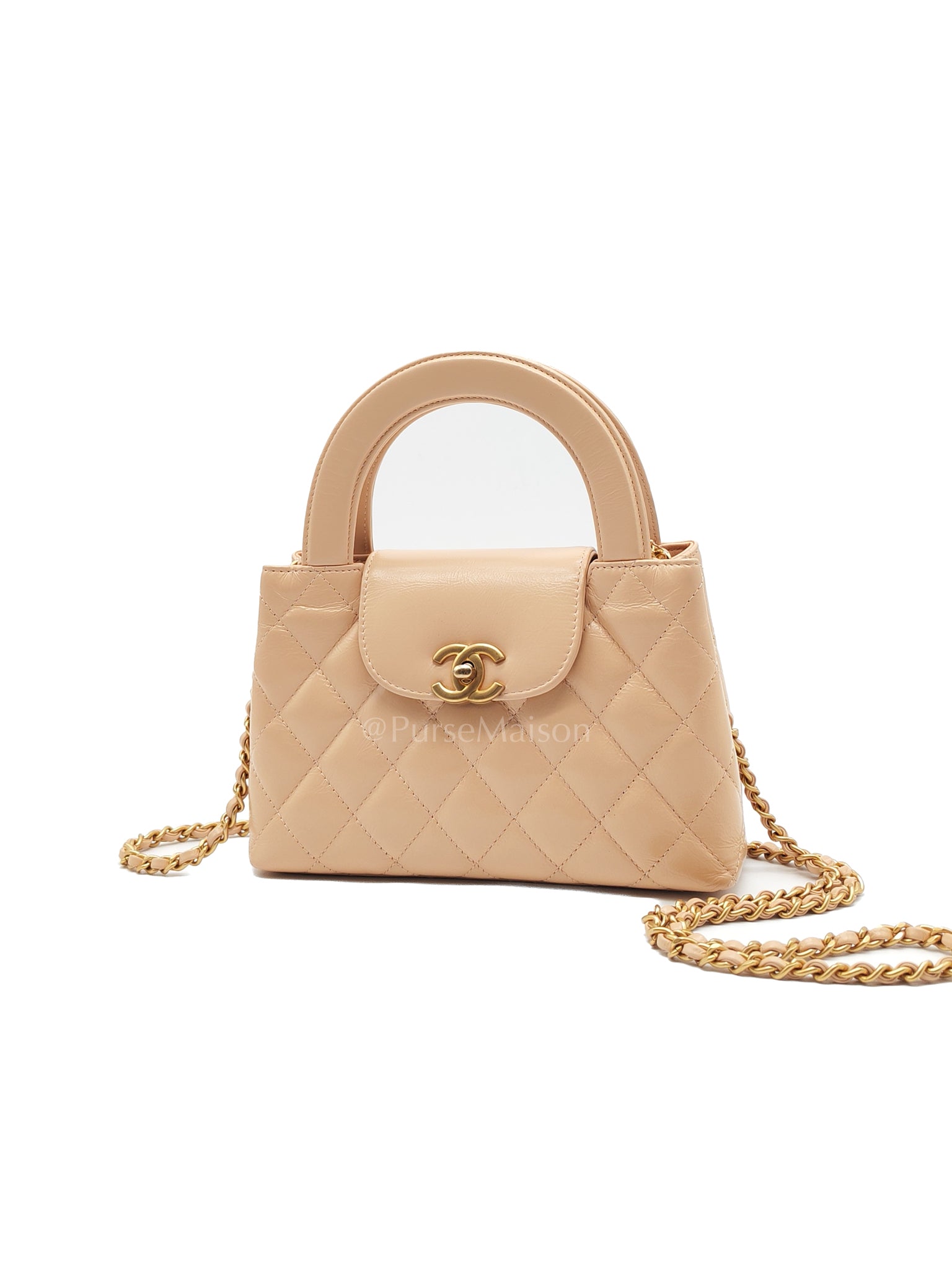 CC Kelly Shopping Bag in Beige Calfskin Leather and Aged Gold Hardware (Microchip) | Purse Maison Luxury Bags Shop