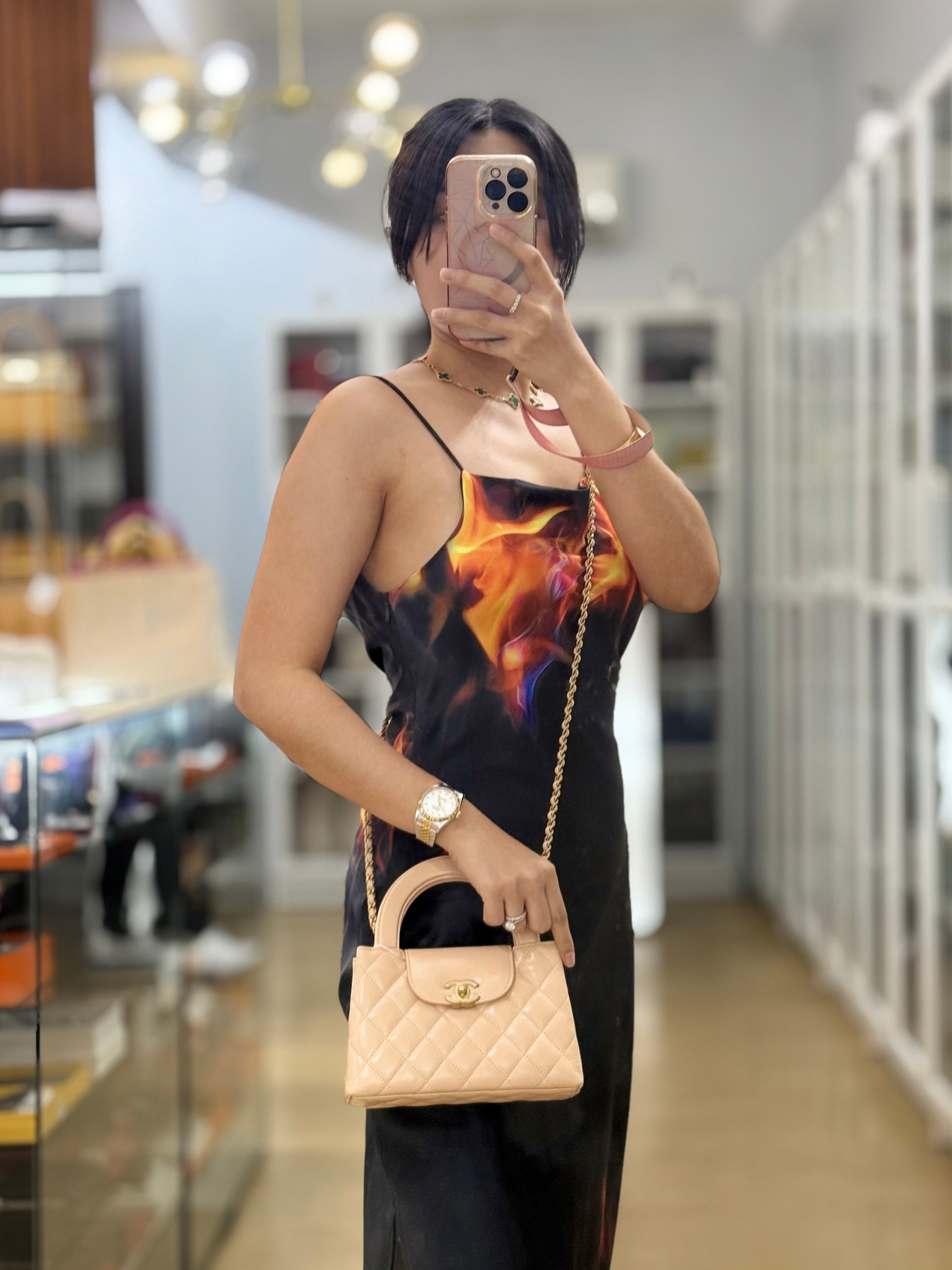 CC Kelly Small Beige Crossbody Bag in Shiny Calfskin Aged Gold Hardware (Microchip) | Purse Maison Luxury Bags Shop