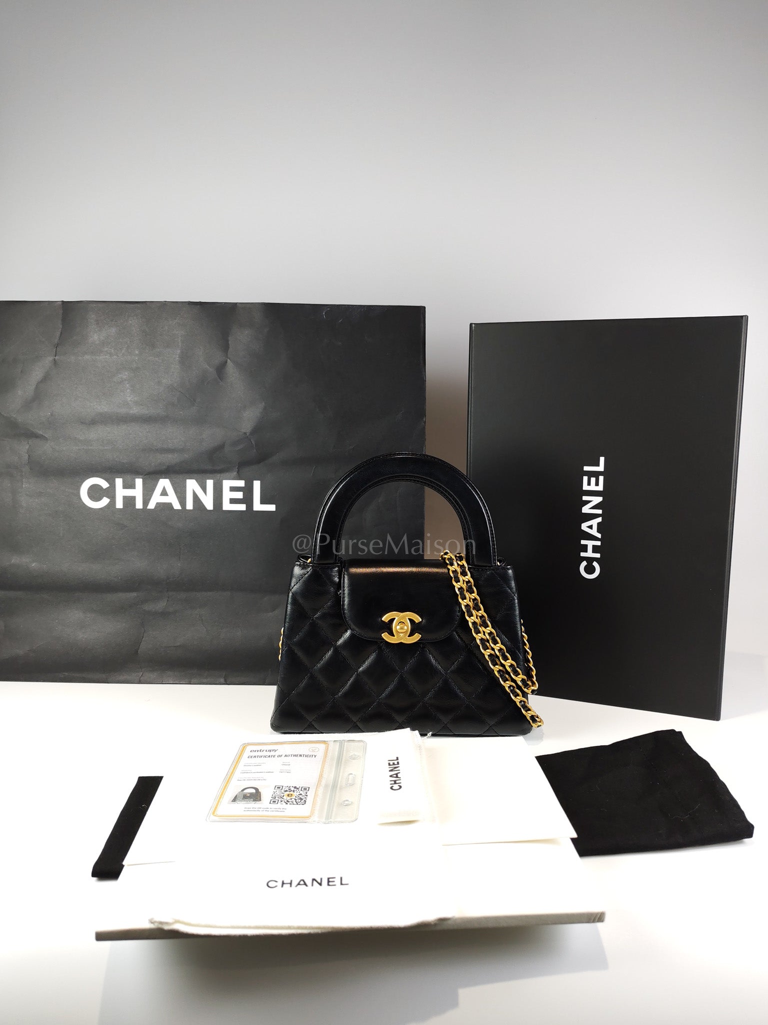 CC Kelly Small Shopping Bag in Black Calfskin and Aged Gold Hardware(Microchip) | Purse Maison Luxury Bags Shop