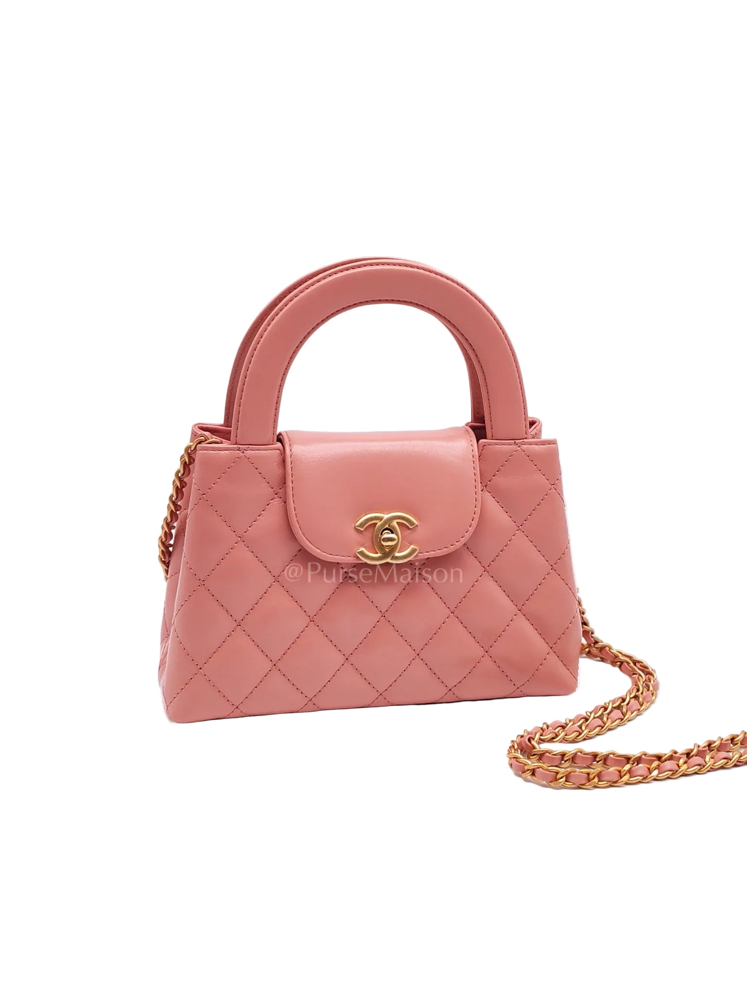 CC Kelly Small Shopping Bag in Pink Calfskin Leather and Aged Gold Hardware (Microchip) | Purse Maison Luxury Bags Shop