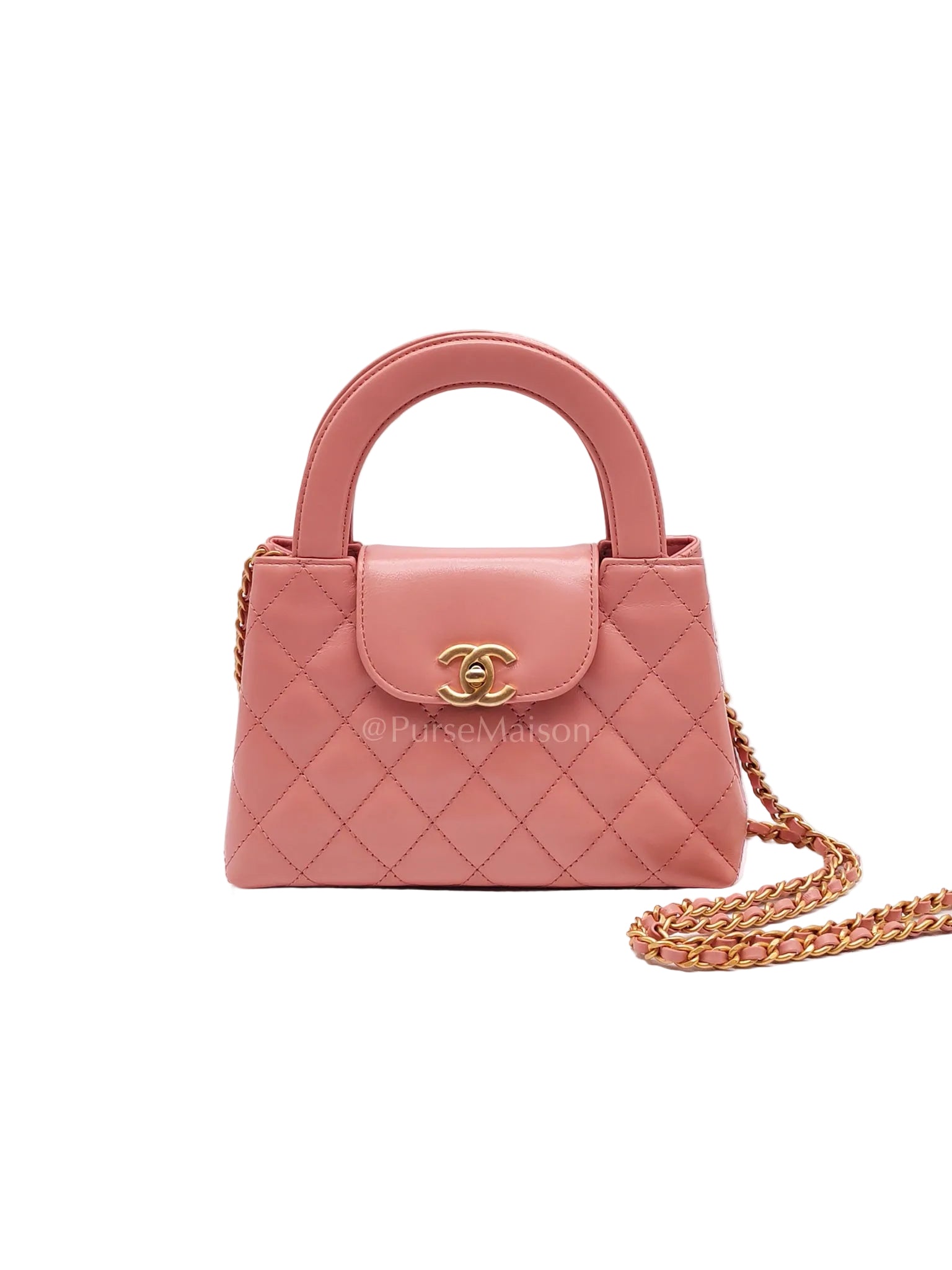 CC Kelly Small Shopping Bag in Pink Calfskin Leather and Aged Gold Hardware (Microchip) | Purse Maison Luxury Bags Shop
