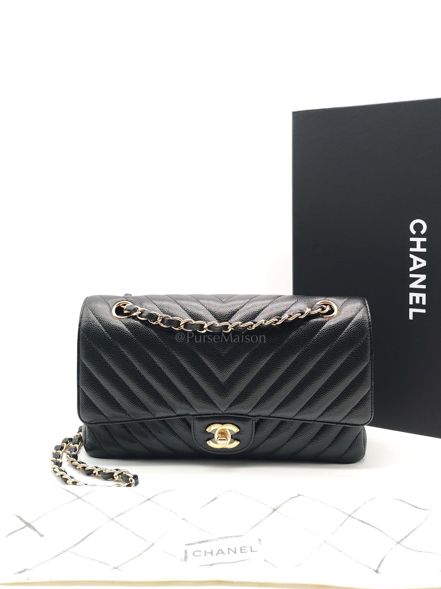 Classic Double Flap in Black Chevron Caviar Leather & Gold Hardware Medium Series 30