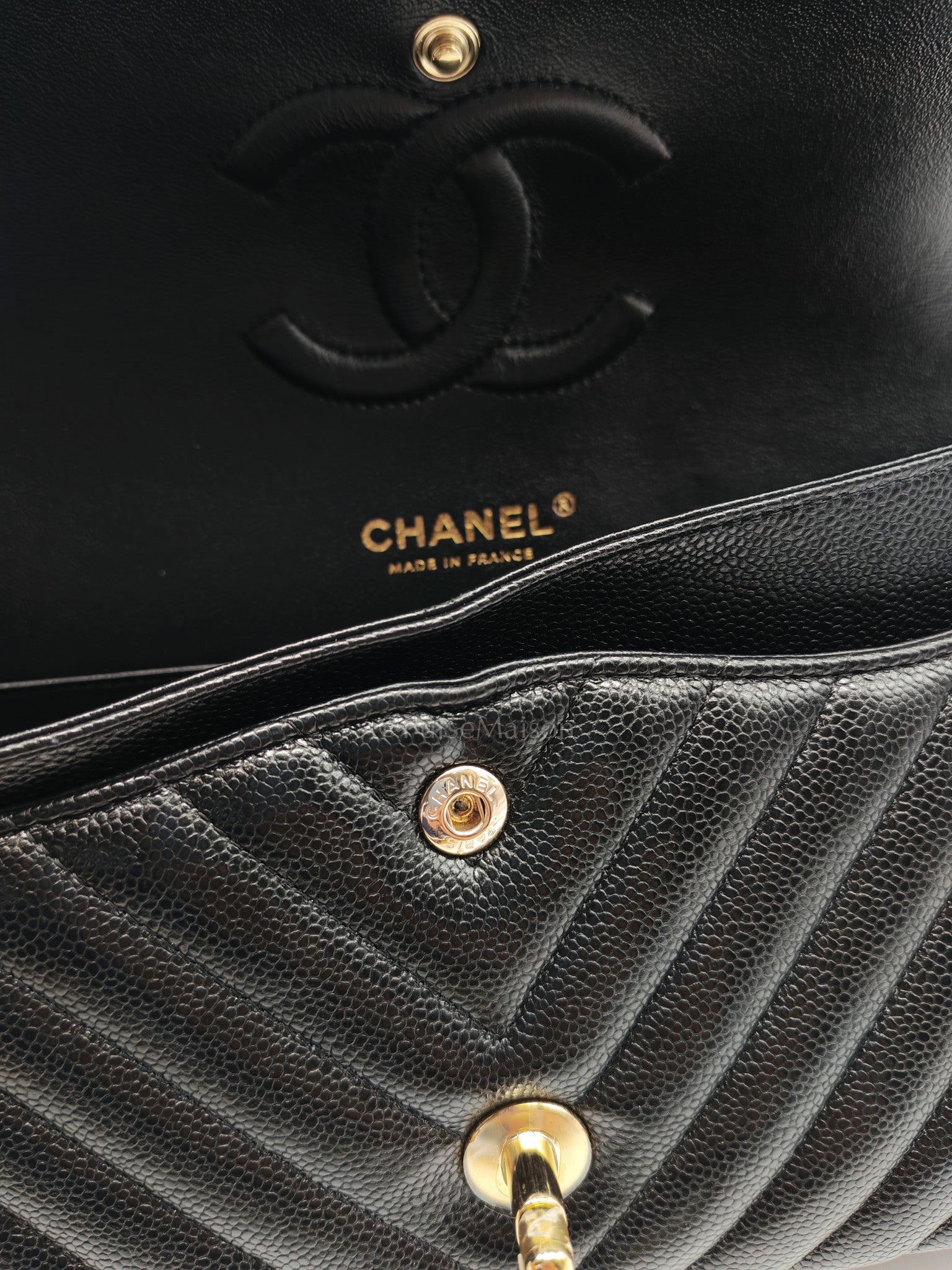 Classic Double Flap in Black Chevron Caviar Leather & Gold Hardware Medium Series 30