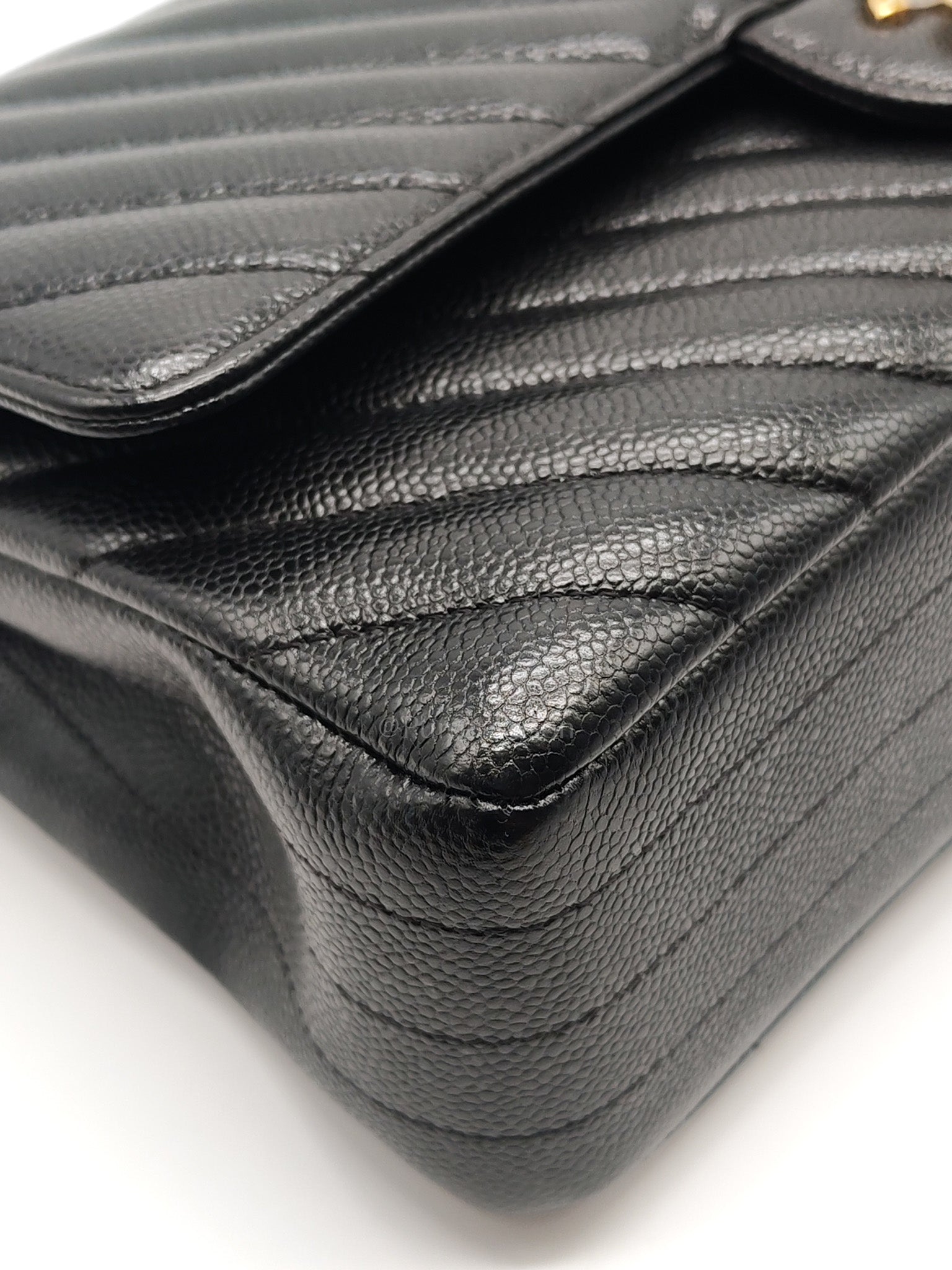Classic Double Flap in Black Chevron Caviar Leather & Gold Hardware Medium Series 30