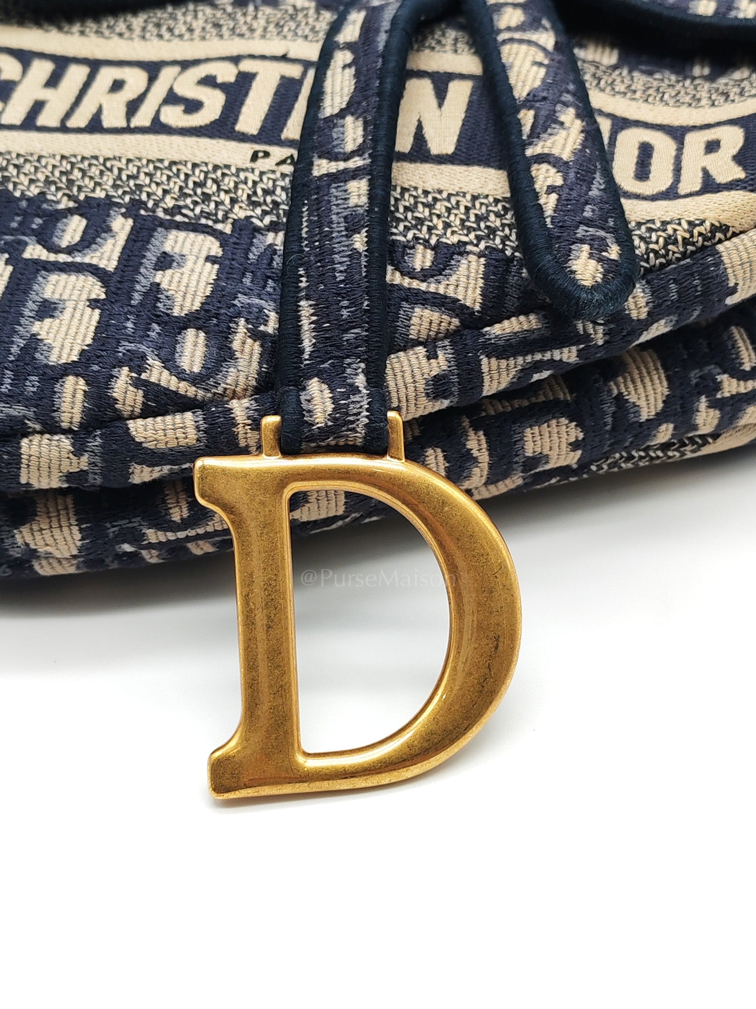Saddle Bag Medium in Blue Oblique Jacquard Canvas & Aged Gold Hardware