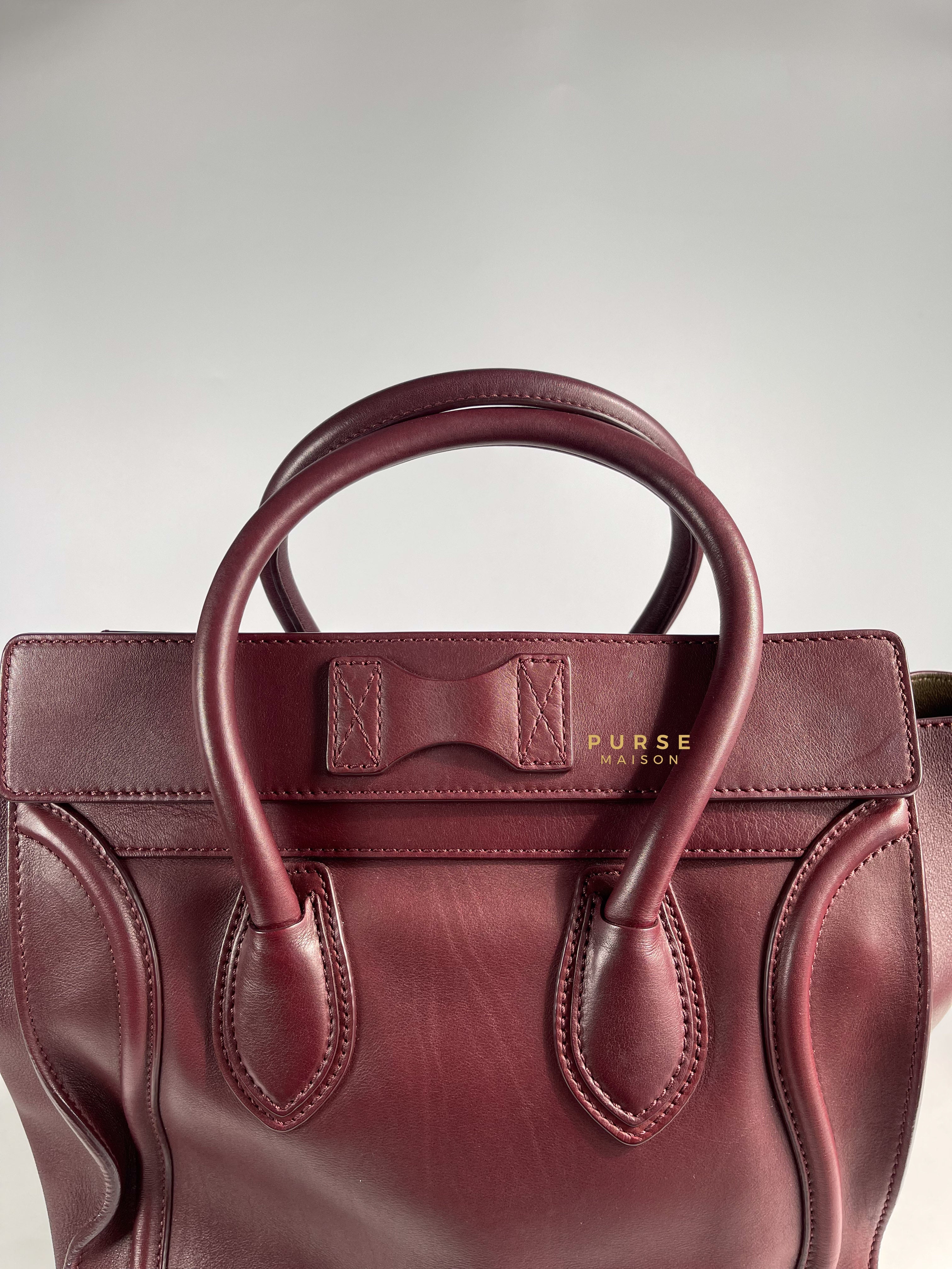 Celine Burgundy Smooth Calfskin Leather Mini Luggage Tote Bag | Purse Maison Luxury Bags Shop