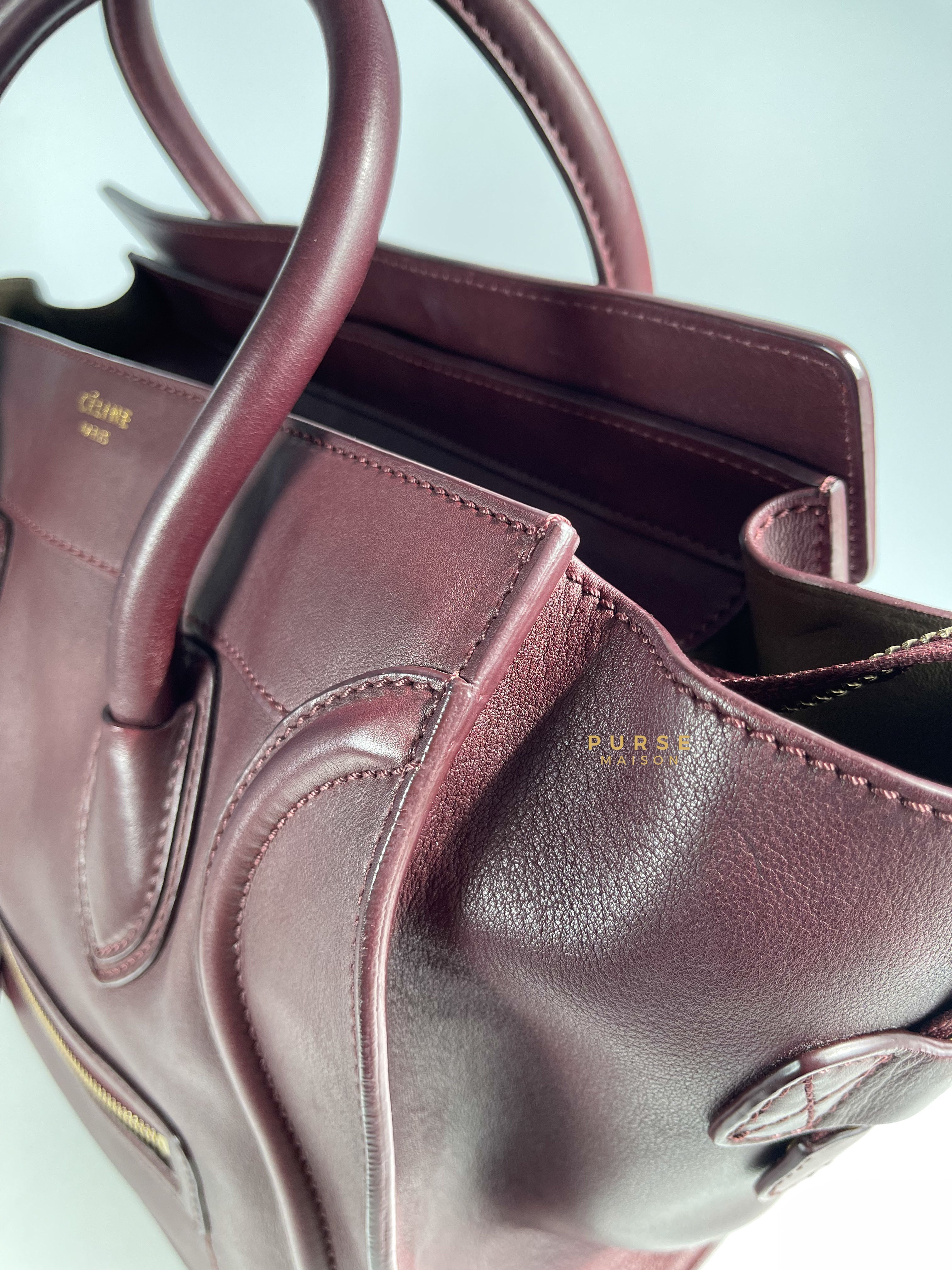 Celine Burgundy Smooth Calfskin Leather Mini Luggage Tote Bag | Purse Maison Luxury Bags Shop