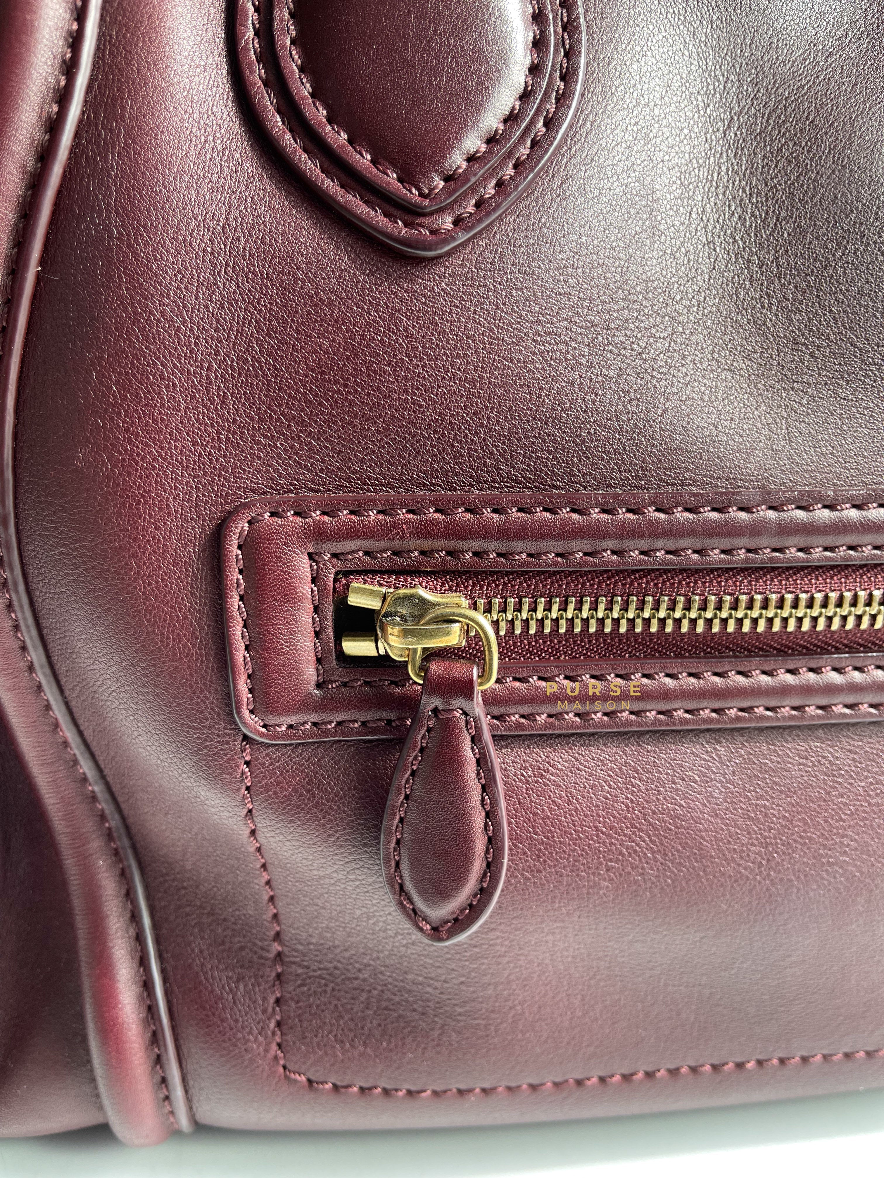 Celine Burgundy Smooth Calfskin Leather Mini Luggage Tote Bag | Purse Maison Luxury Bags Shop