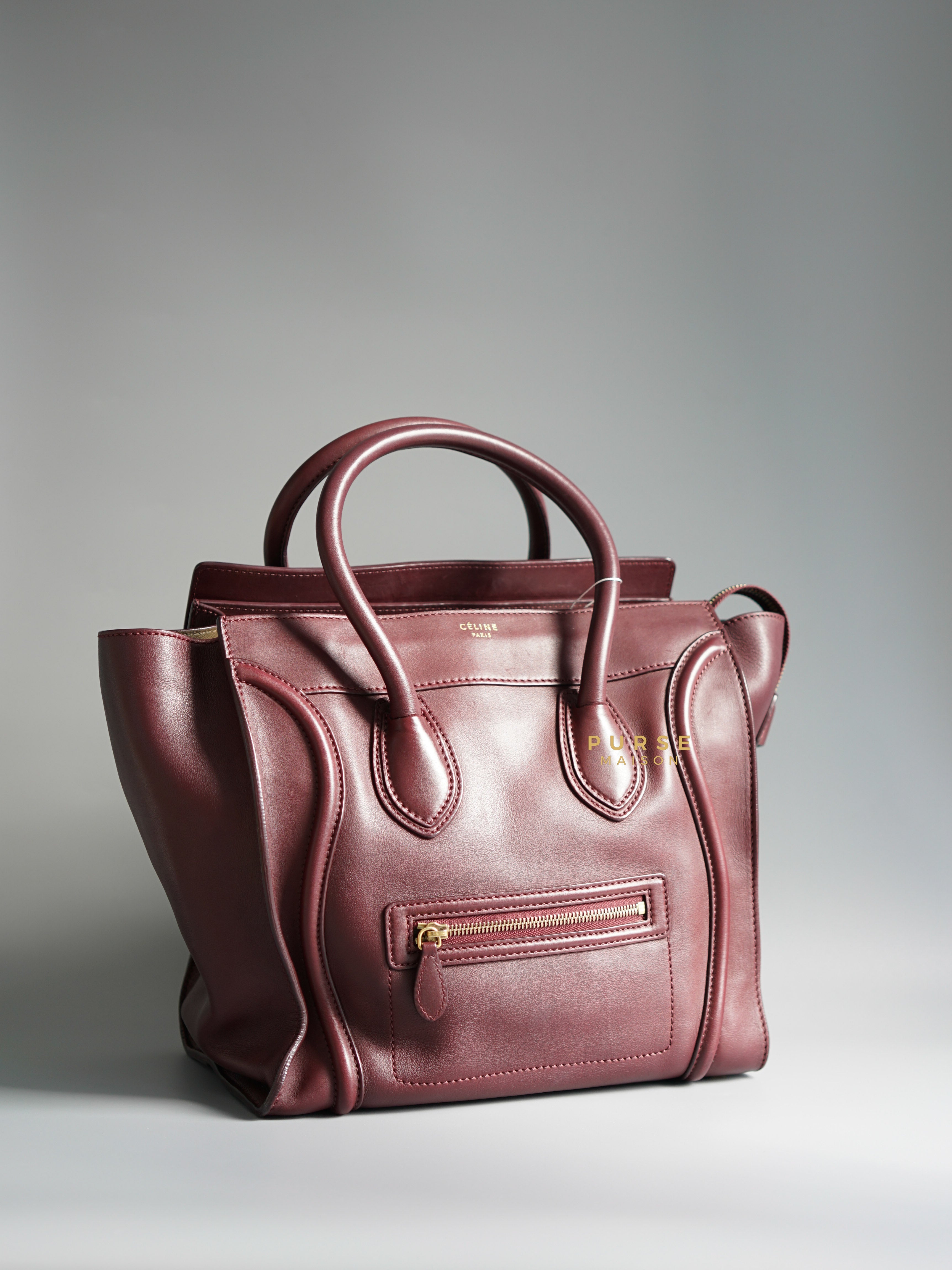 Celine Burgundy Smooth Calfskin Leather Mini Luggage Tote Bag | Purse Maison Luxury Bags Shop
