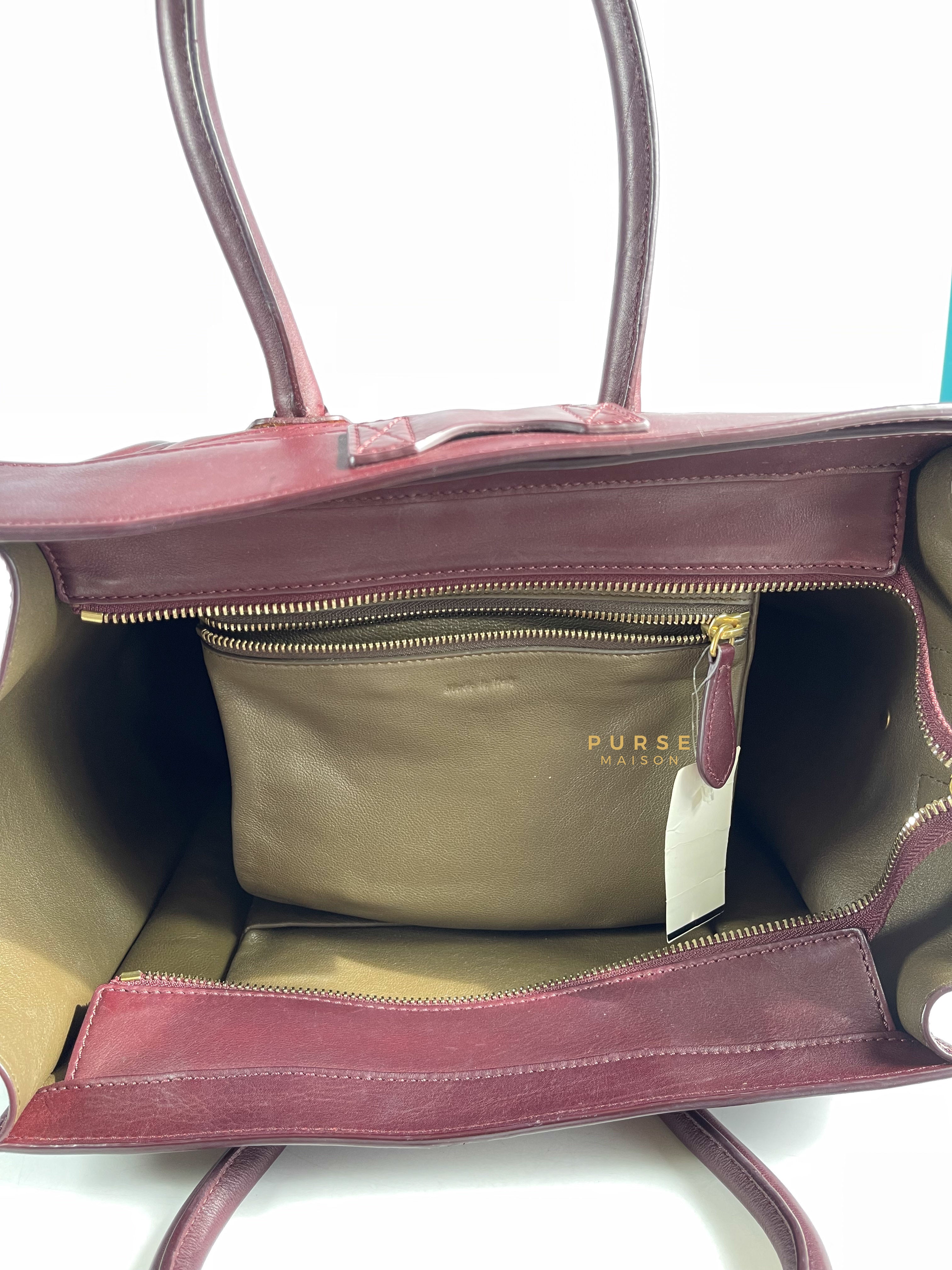 Celine Burgundy Smooth Calfskin Leather Mini Luggage Tote Bag | Purse Maison Luxury Bags Shop