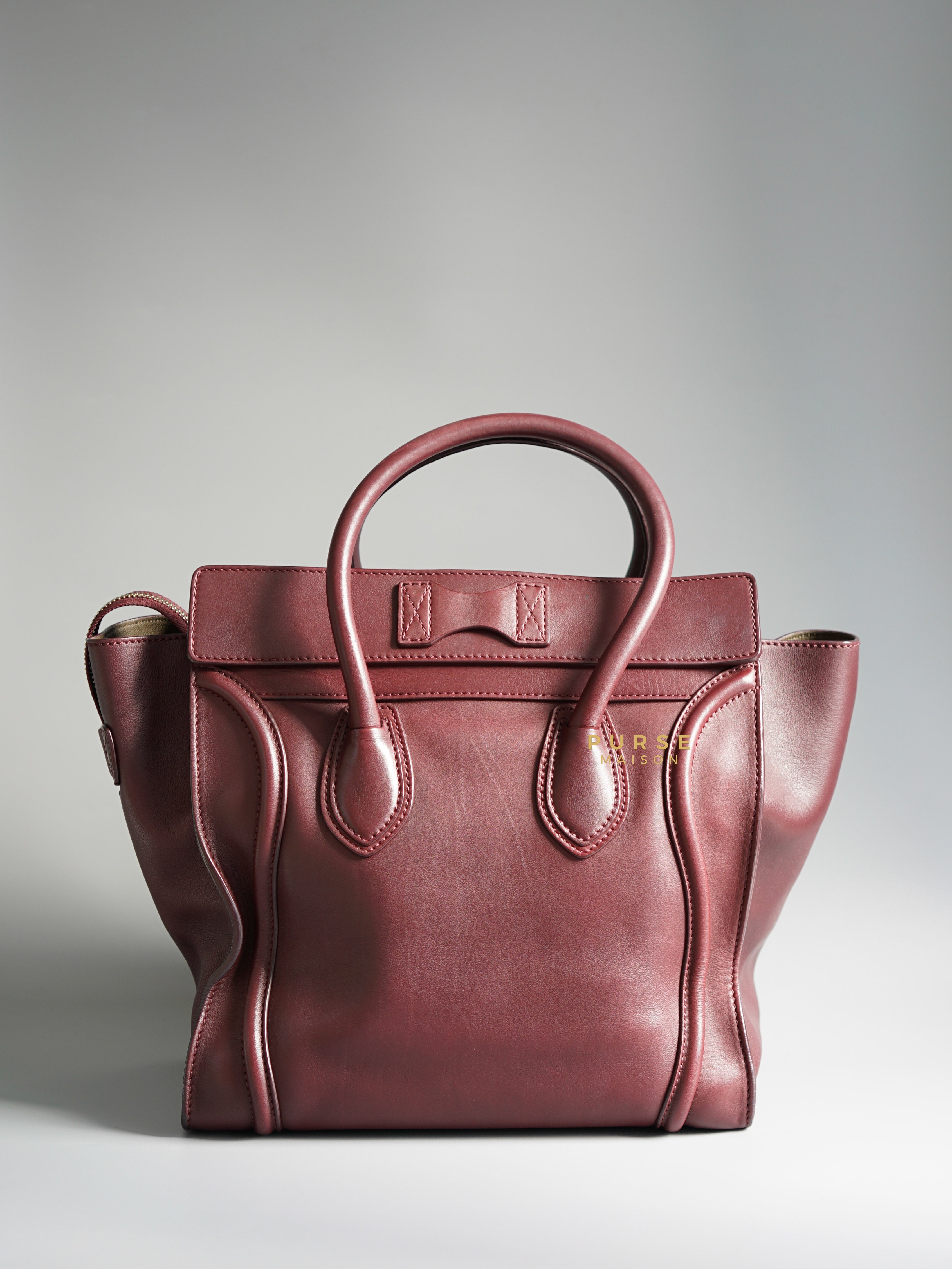 Celine Burgundy Smooth Calfskin Leather Mini Luggage Tote Bag | Purse Maison Luxury Bags Shop