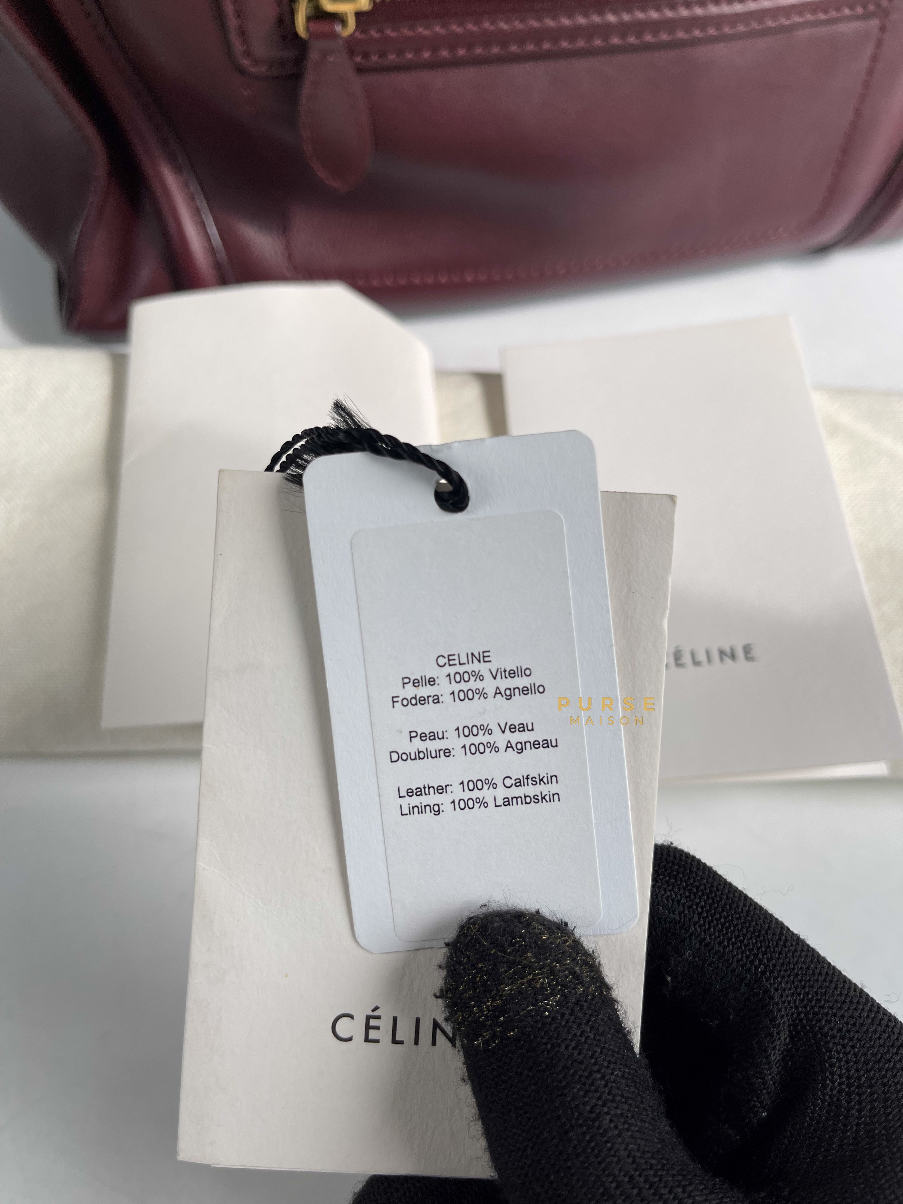 Celine Burgundy Smooth Calfskin Leather Mini Luggage Tote Bag | Purse Maison Luxury Bags Shop