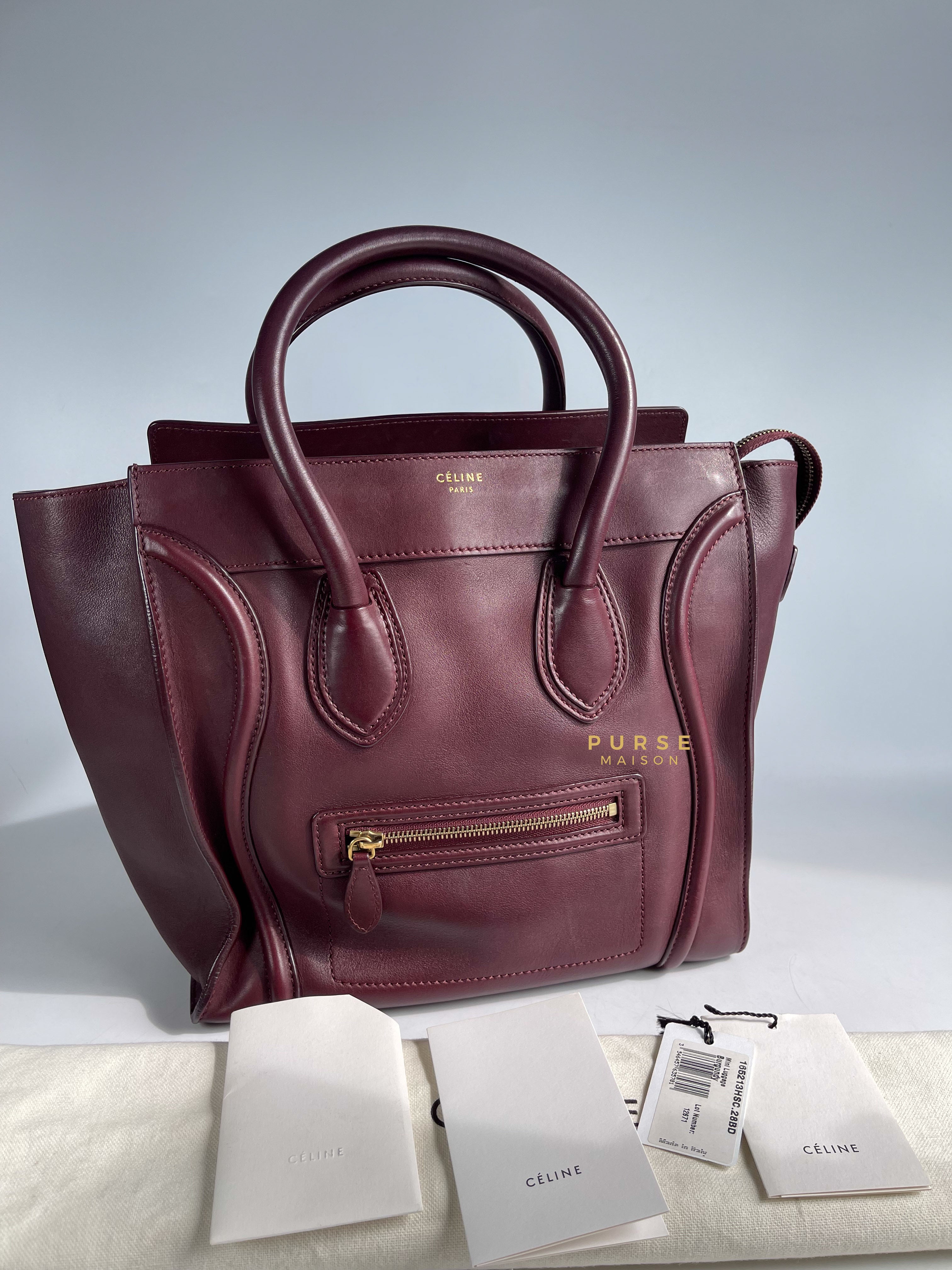 Celine Burgundy Smooth Calfskin Leather Mini Luggage Tote Bag | Purse Maison Luxury Bags Shop