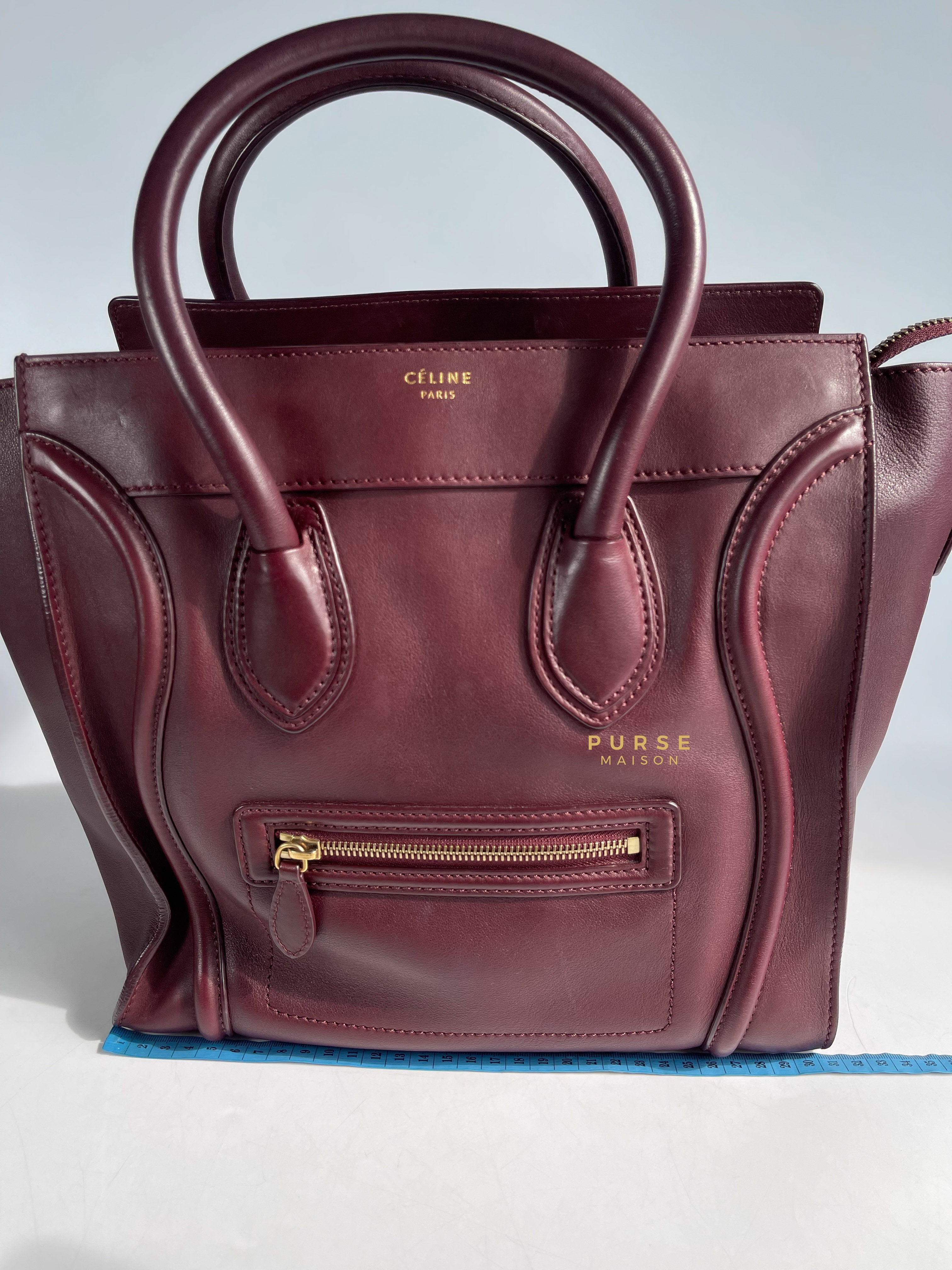 Celine Burgundy Smooth Calfskin Leather Mini Luggage Tote Bag | Purse Maison Luxury Bags Shop