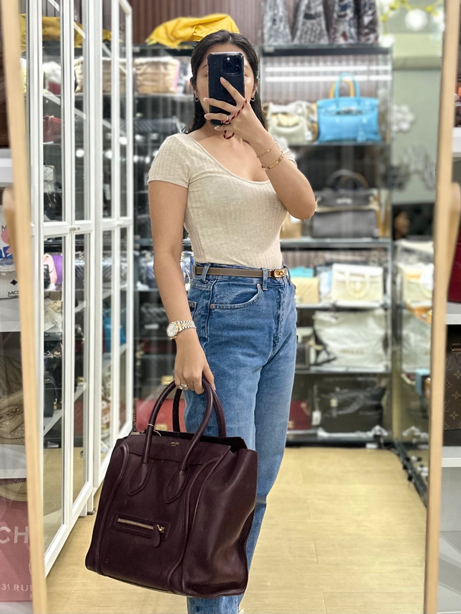 Celine Burgundy Smooth Calfskin Leather Mini Luggage Tote Bag | Purse Maison Luxury Bags Shop