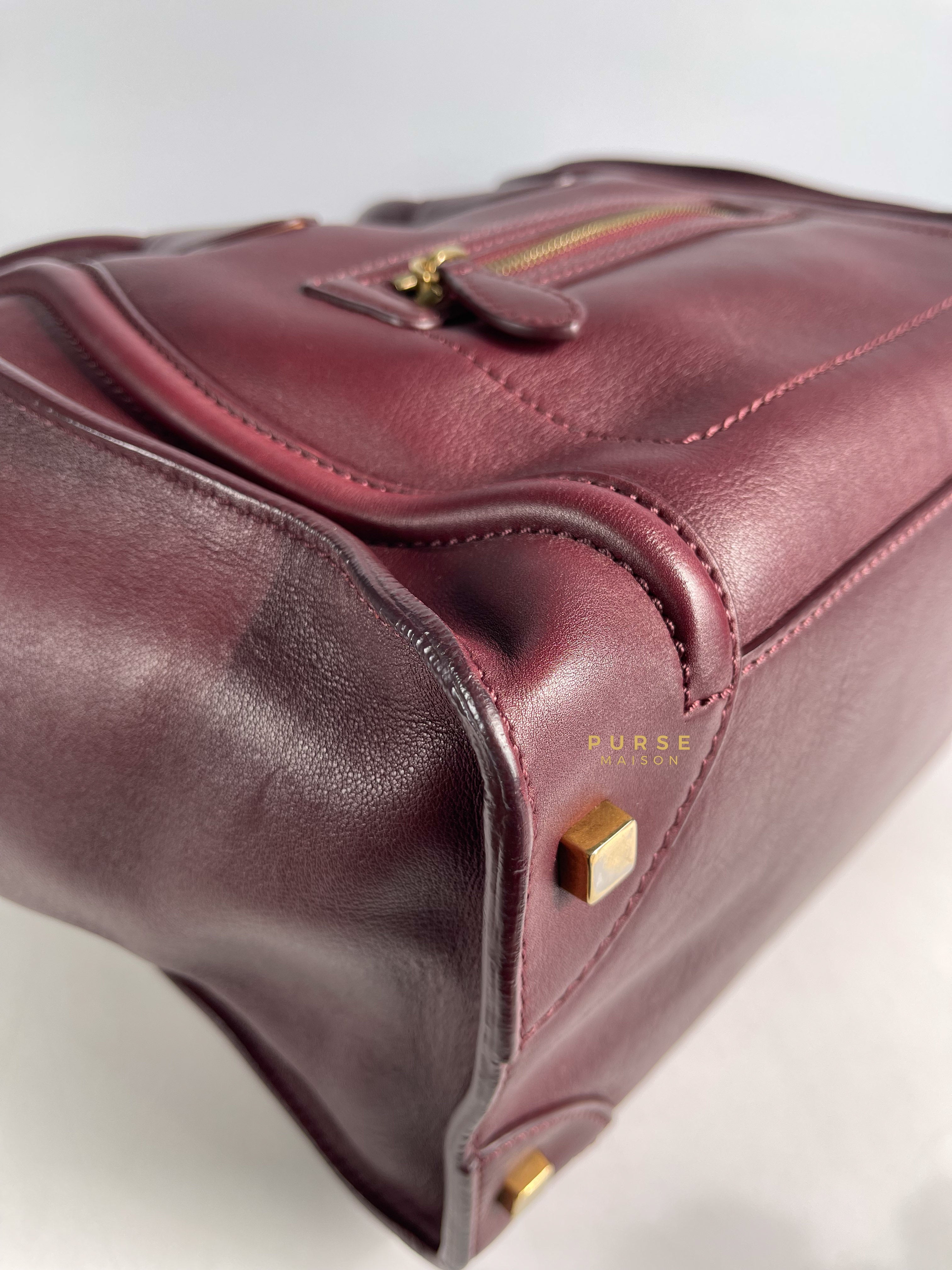 Celine Burgundy Smooth Calfskin Leather Mini Luggage Tote Bag | Purse Maison Luxury Bags Shop