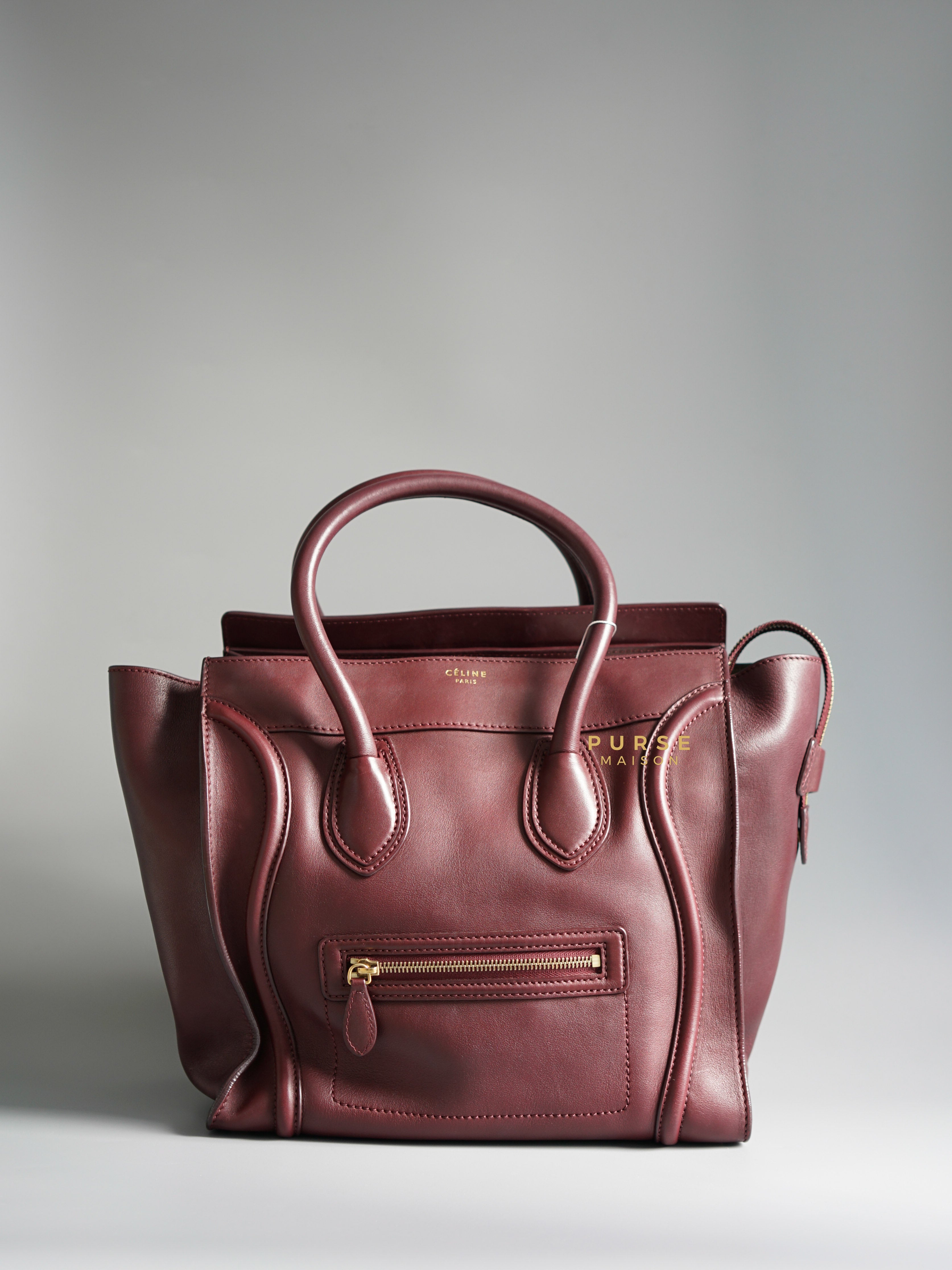 Celine Burgundy Smooth Calfskin Leather Mini Luggage Tote Bag | Purse Maison Luxury Bags Shop