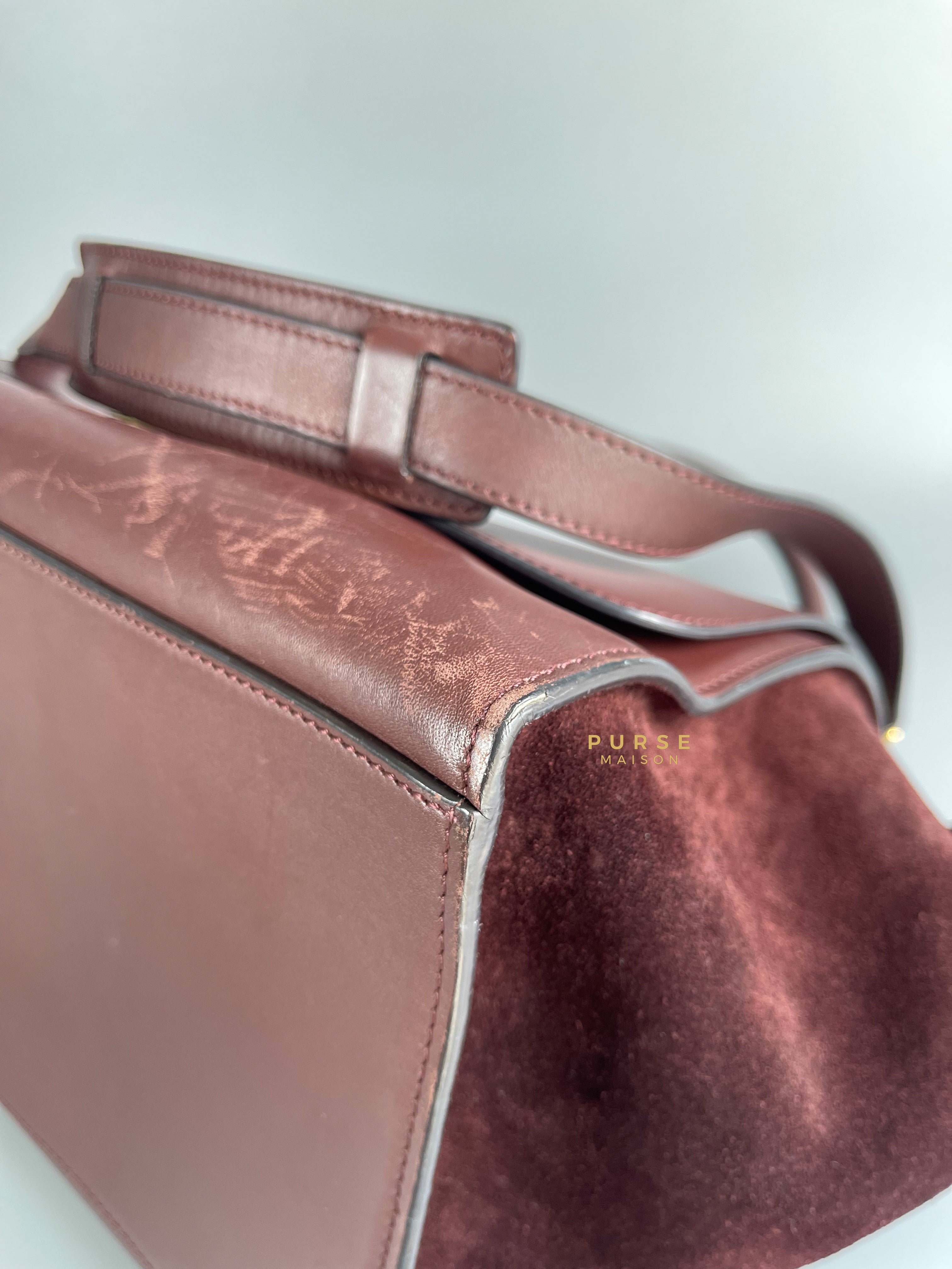 Celine Burgundy Smooth Calfskin Suede Medium Trapeze Long Strap Bag | Purse Maison Luxury Bags Shop