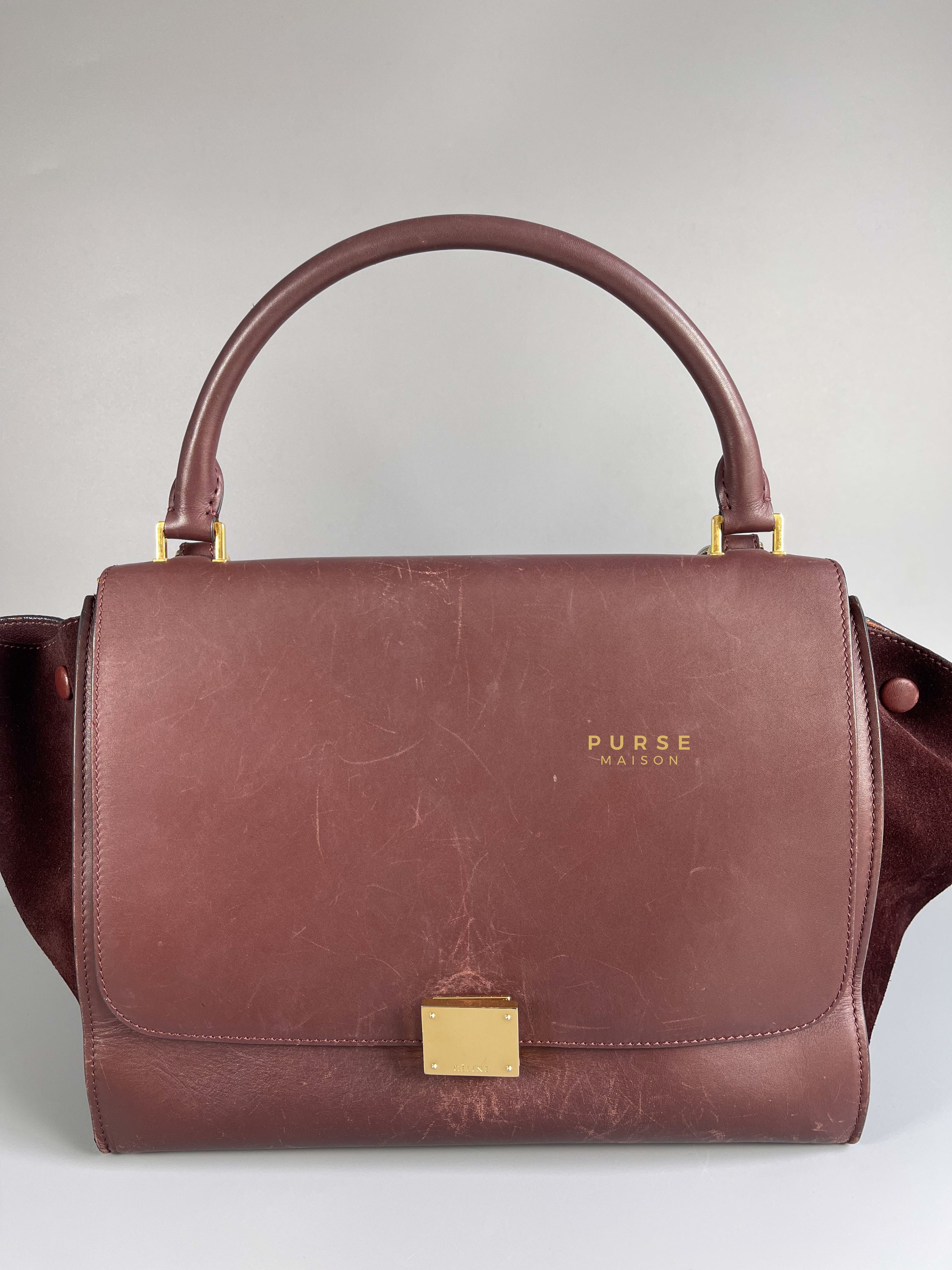 Celine Burgundy Smooth Calfskin Suede Medium Trapeze Long Strap Bag | Purse Maison Luxury Bags Shop