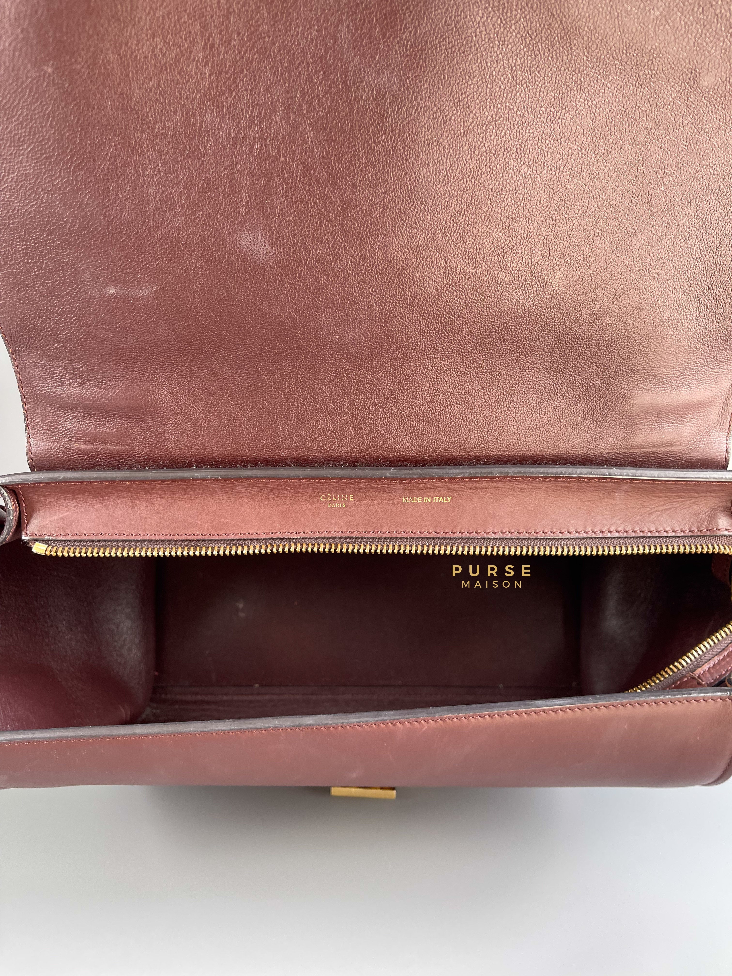 Celine Burgundy Smooth Calfskin Suede Medium Trapeze Long Strap Bag | Purse Maison Luxury Bags Shop