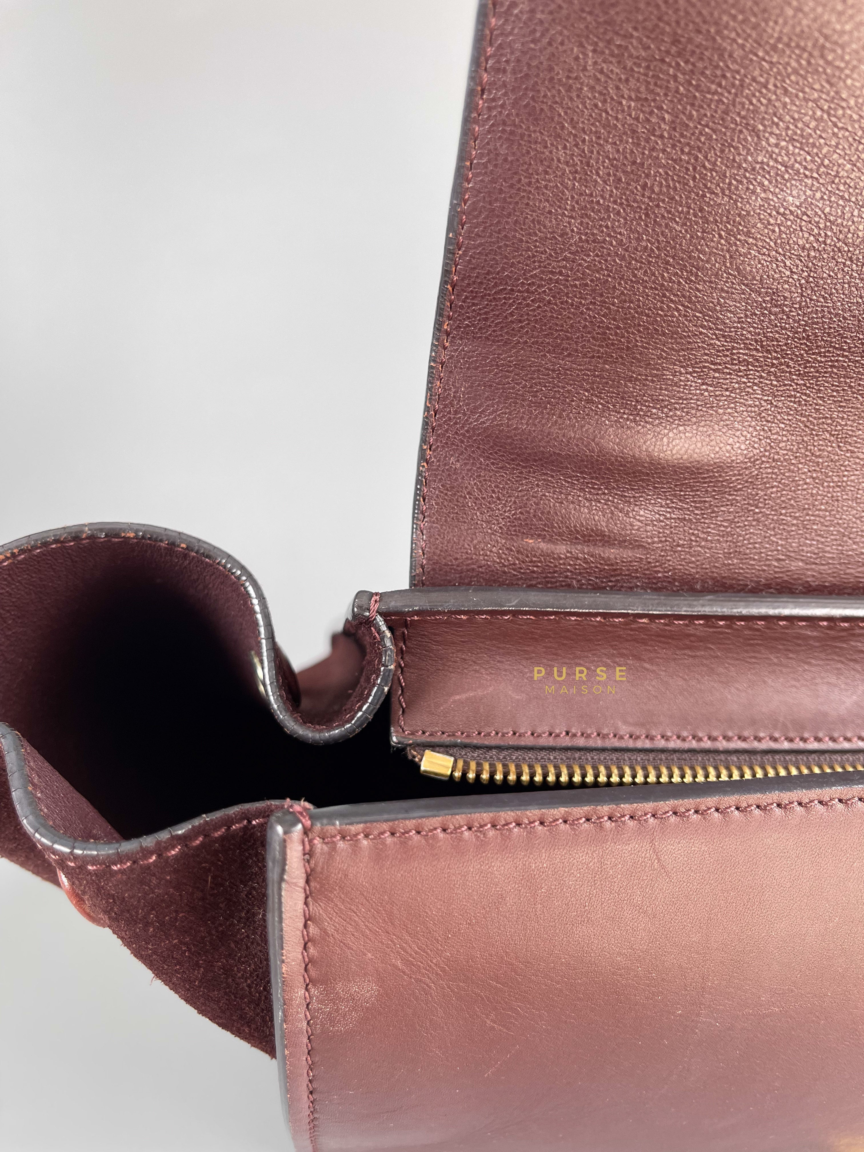 Celine Burgundy Smooth Calfskin Suede Medium Trapeze Long Strap Bag | Purse Maison Luxury Bags Shop