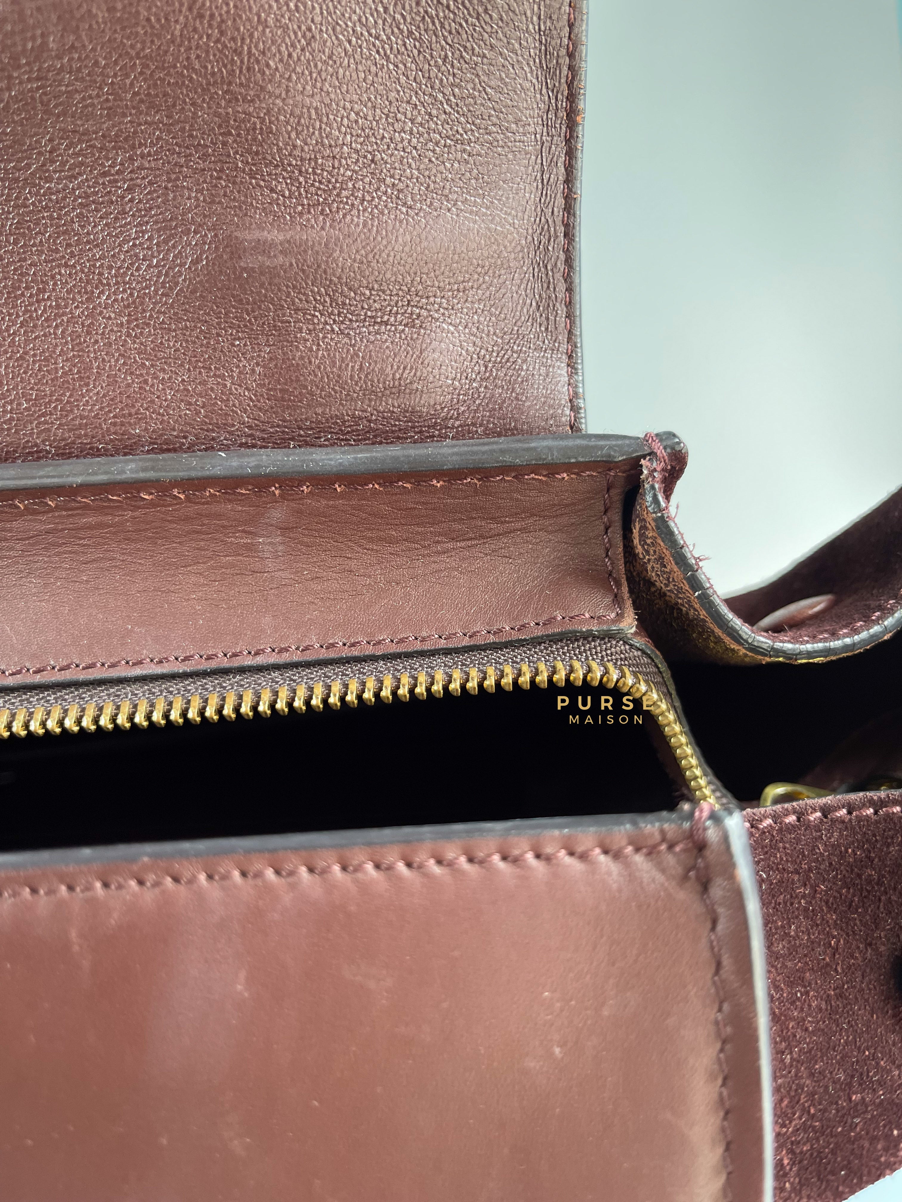 Celine Burgundy Smooth Calfskin Suede Medium Trapeze Long Strap Bag | Purse Maison Luxury Bags Shop