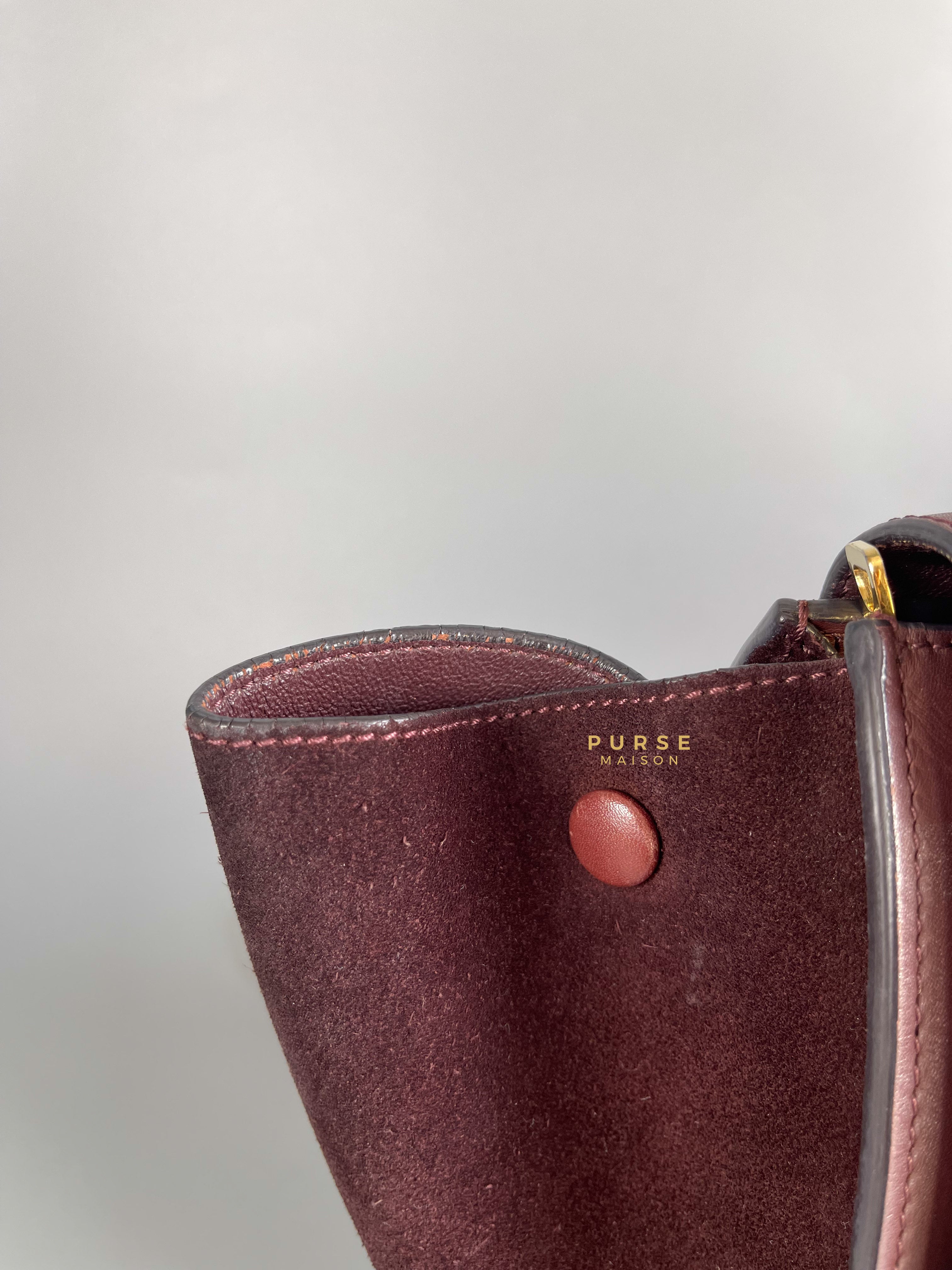 Celine Burgundy Smooth Calfskin Suede Medium Trapeze Long Strap Bag | Purse Maison Luxury Bags Shop