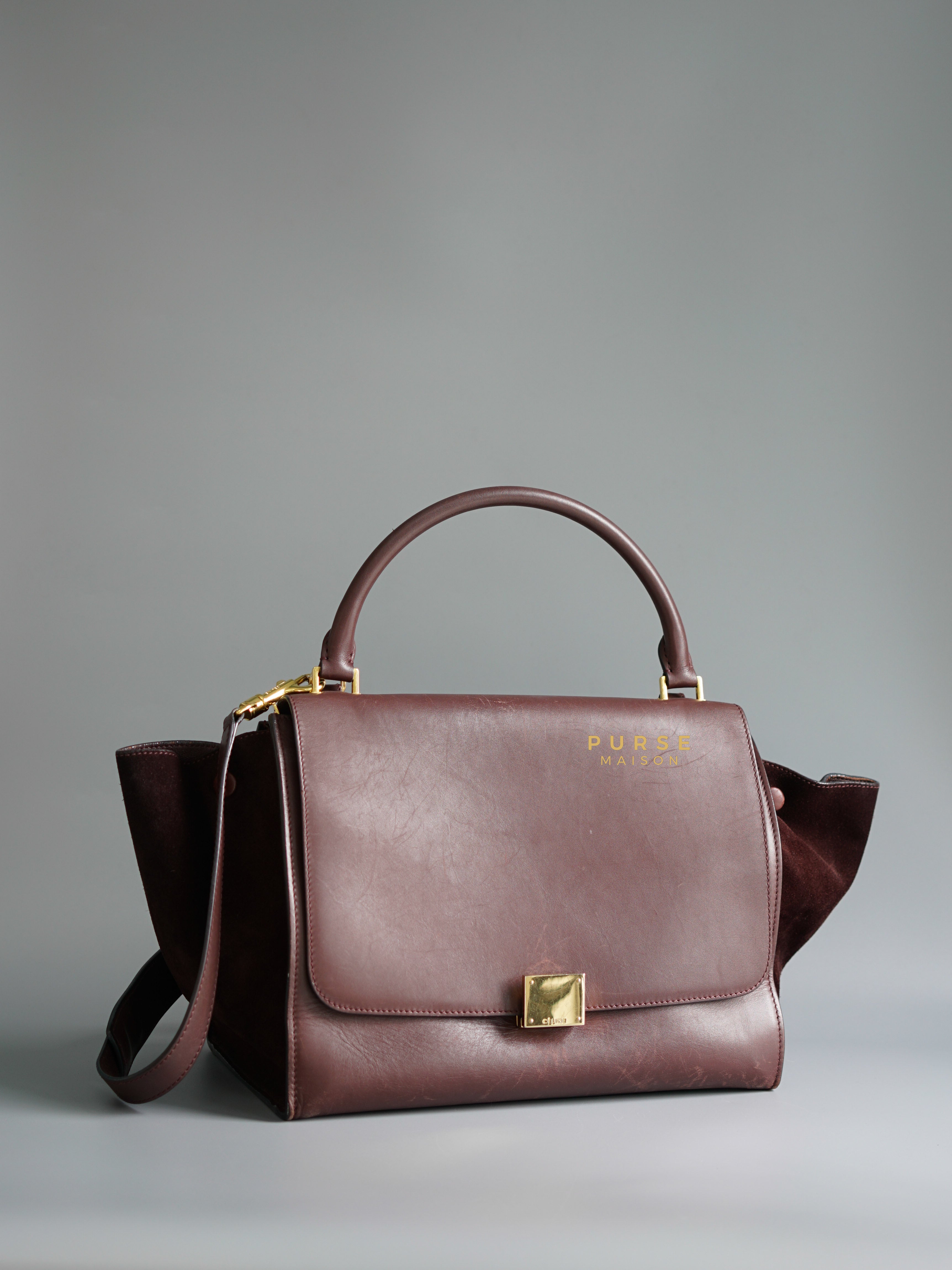 Celine Burgundy Smooth Calfskin Suede Medium Trapeze Long Strap Bag | Purse Maison Luxury Bags Shop