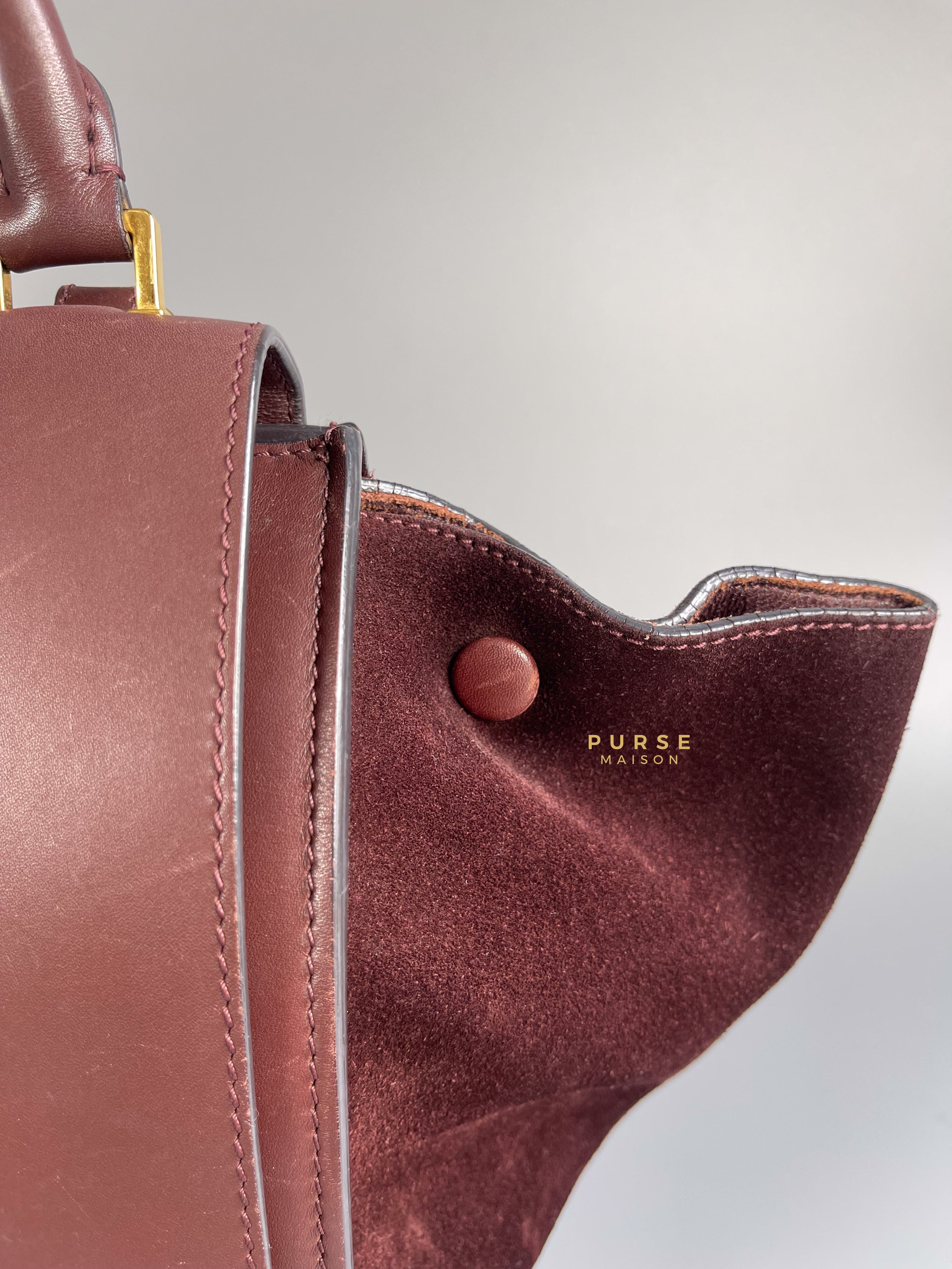 Celine Burgundy Smooth Calfskin Suede Medium Trapeze Long Strap Bag | Purse Maison Luxury Bags Shop