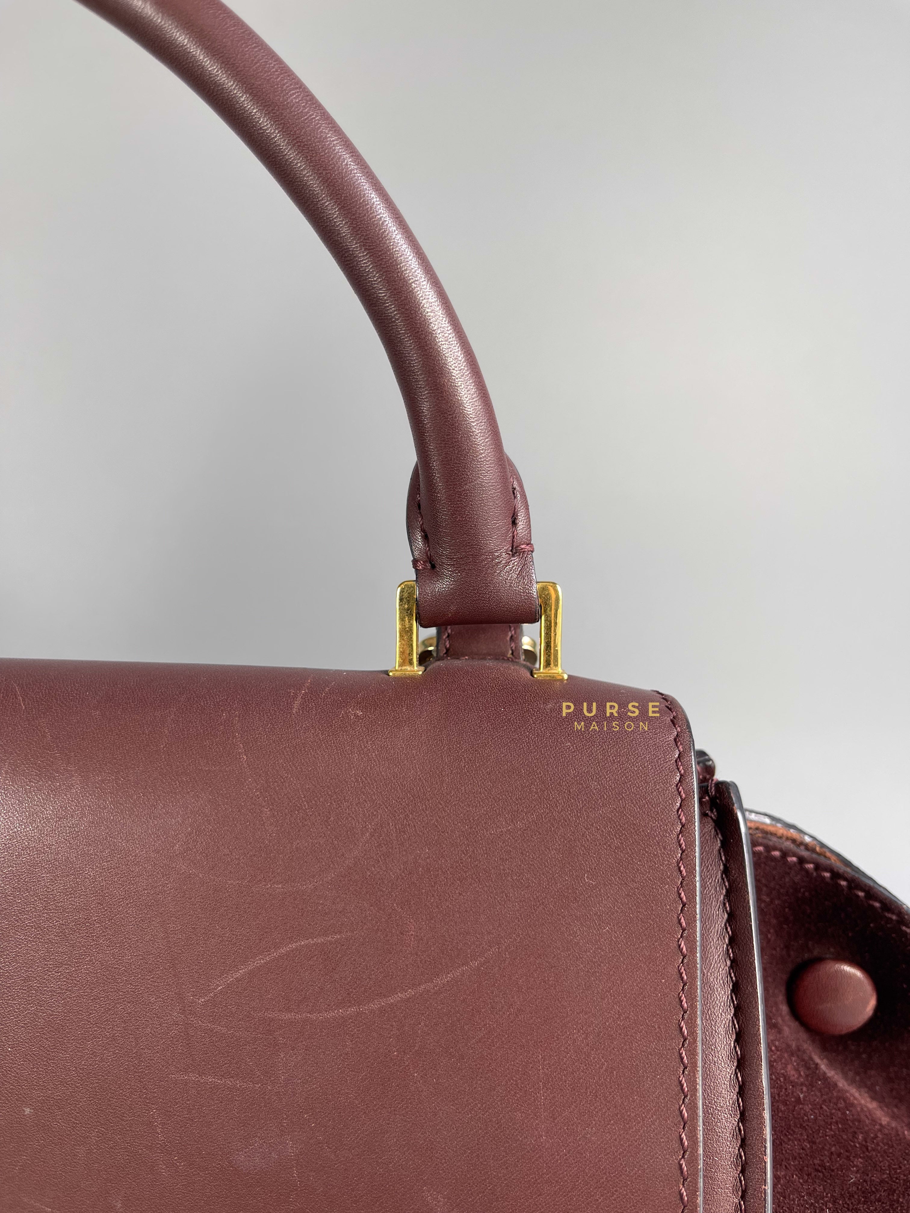 Celine Burgundy Smooth Calfskin Suede Medium Trapeze Long Strap Bag | Purse Maison Luxury Bags Shop