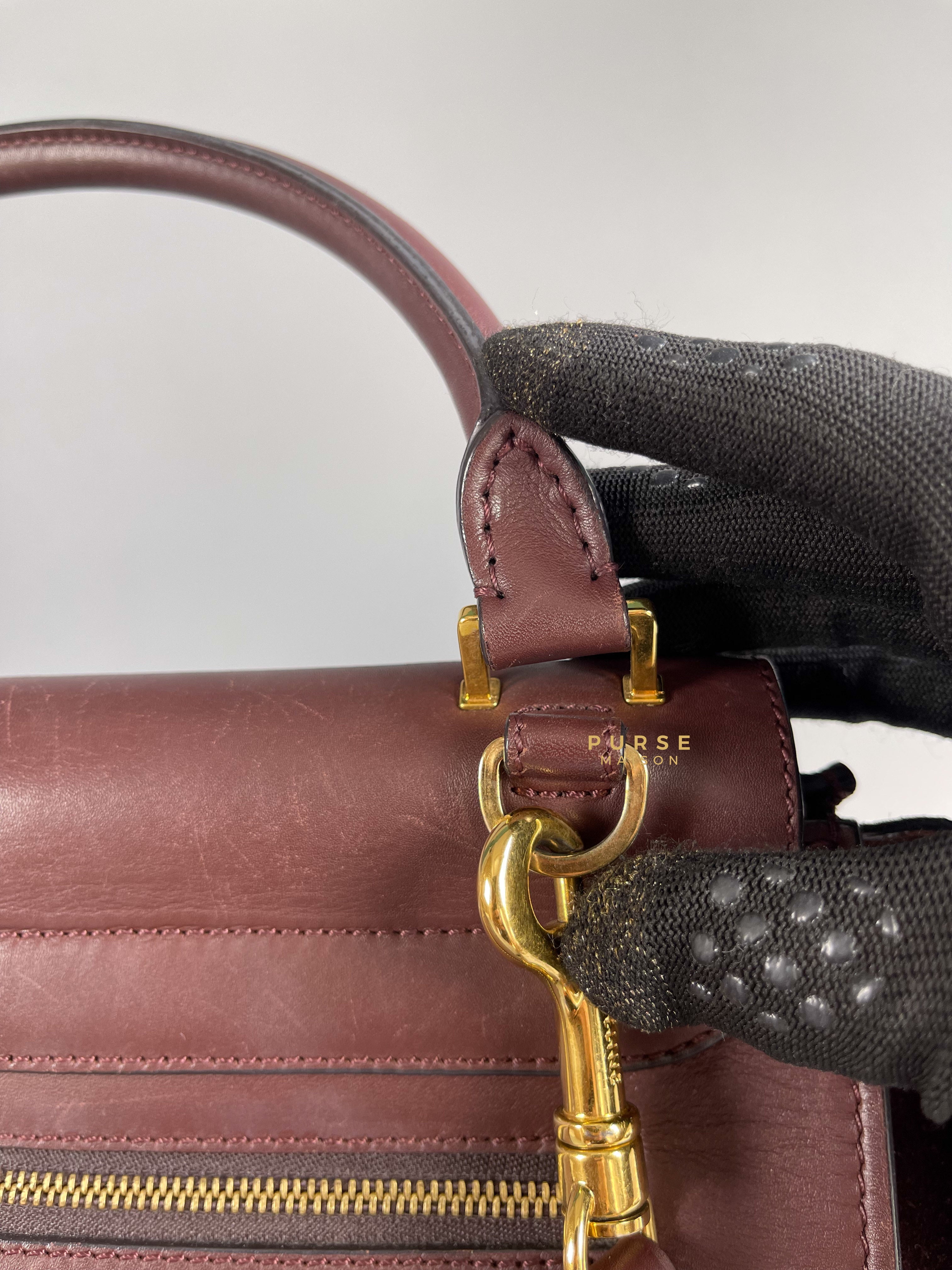 Celine Burgundy Smooth Calfskin Suede Medium Trapeze Long Strap Bag | Purse Maison Luxury Bags Shop