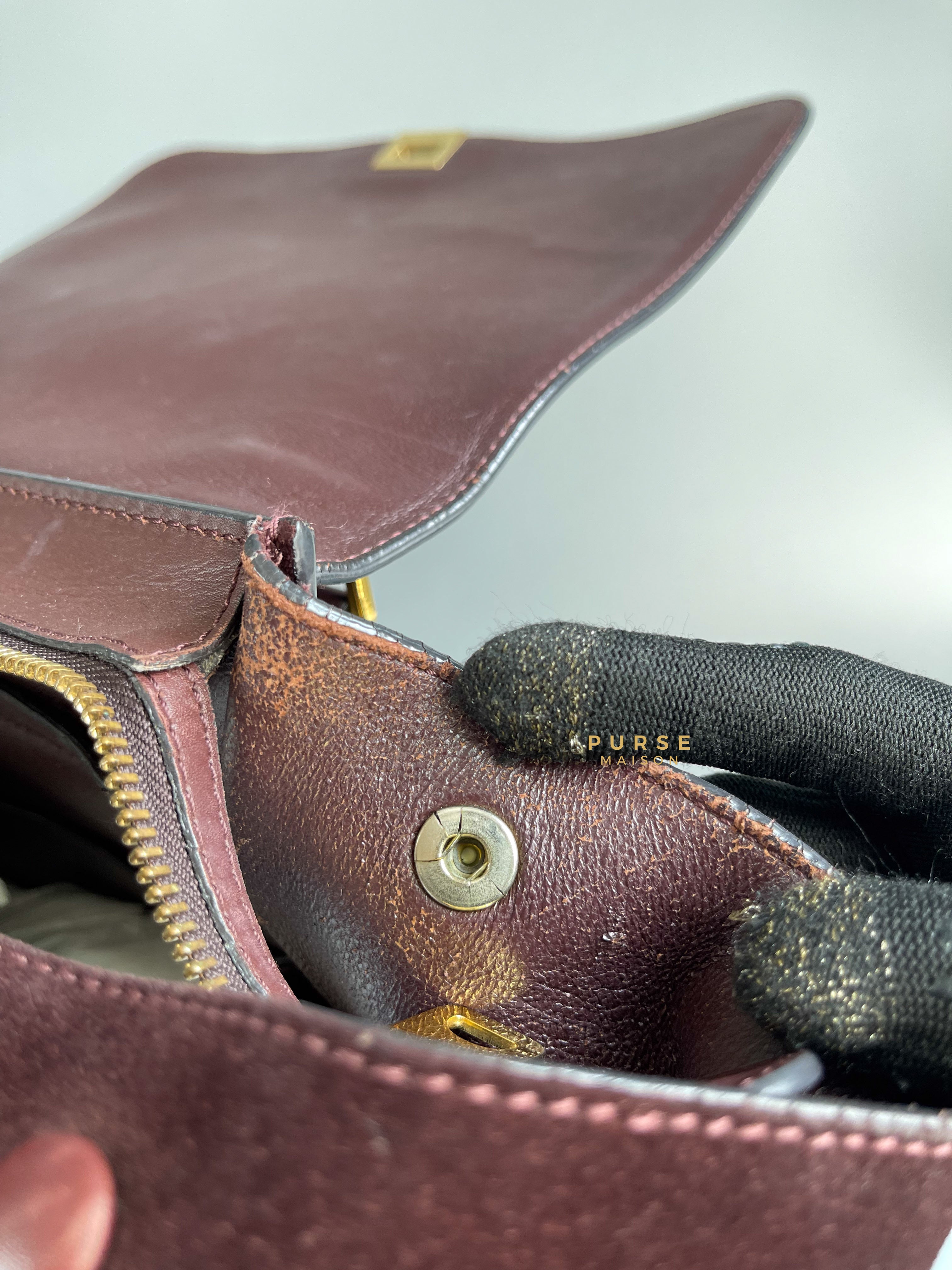 Celine Burgundy Smooth Calfskin Suede Medium Trapeze Long Strap Bag | Purse Maison Luxury Bags Shop