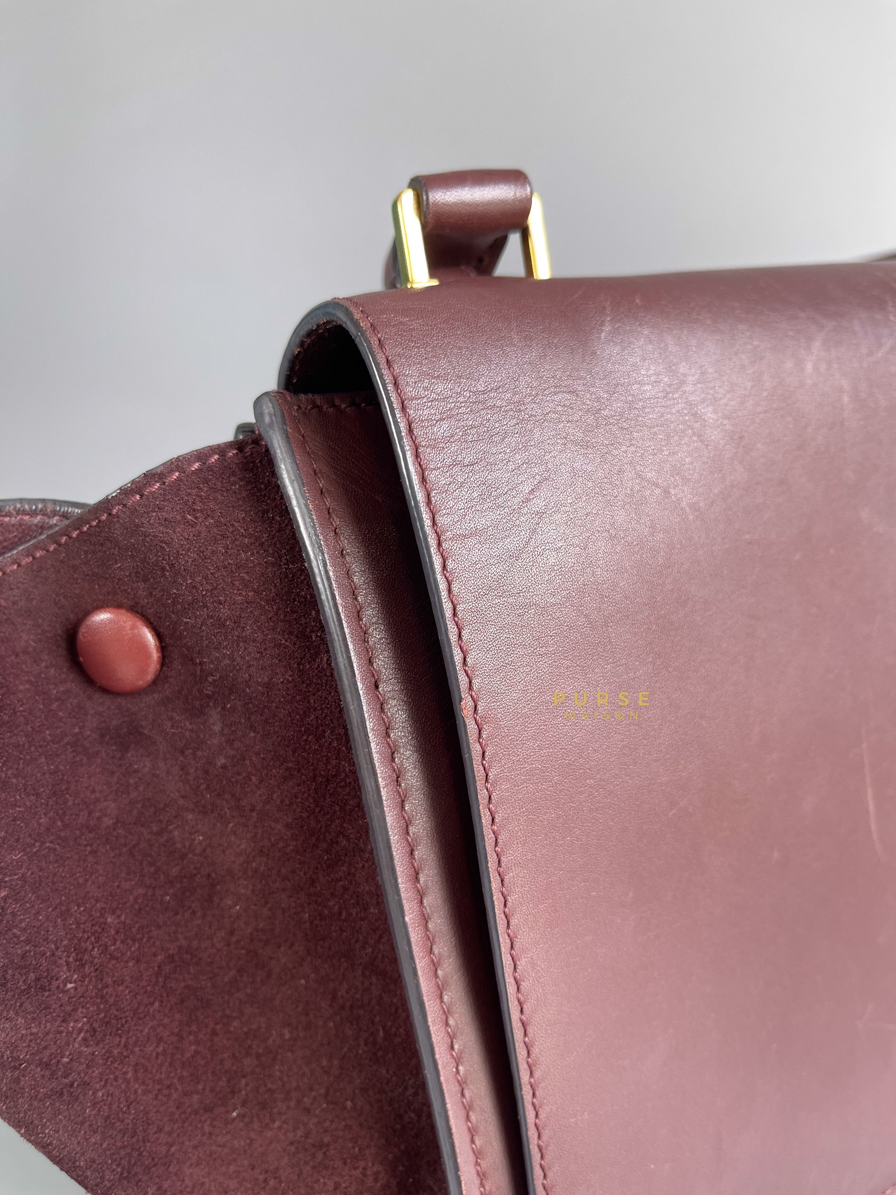 Celine Burgundy Smooth Calfskin Suede Medium Trapeze Long Strap Bag | Purse Maison Luxury Bags Shop