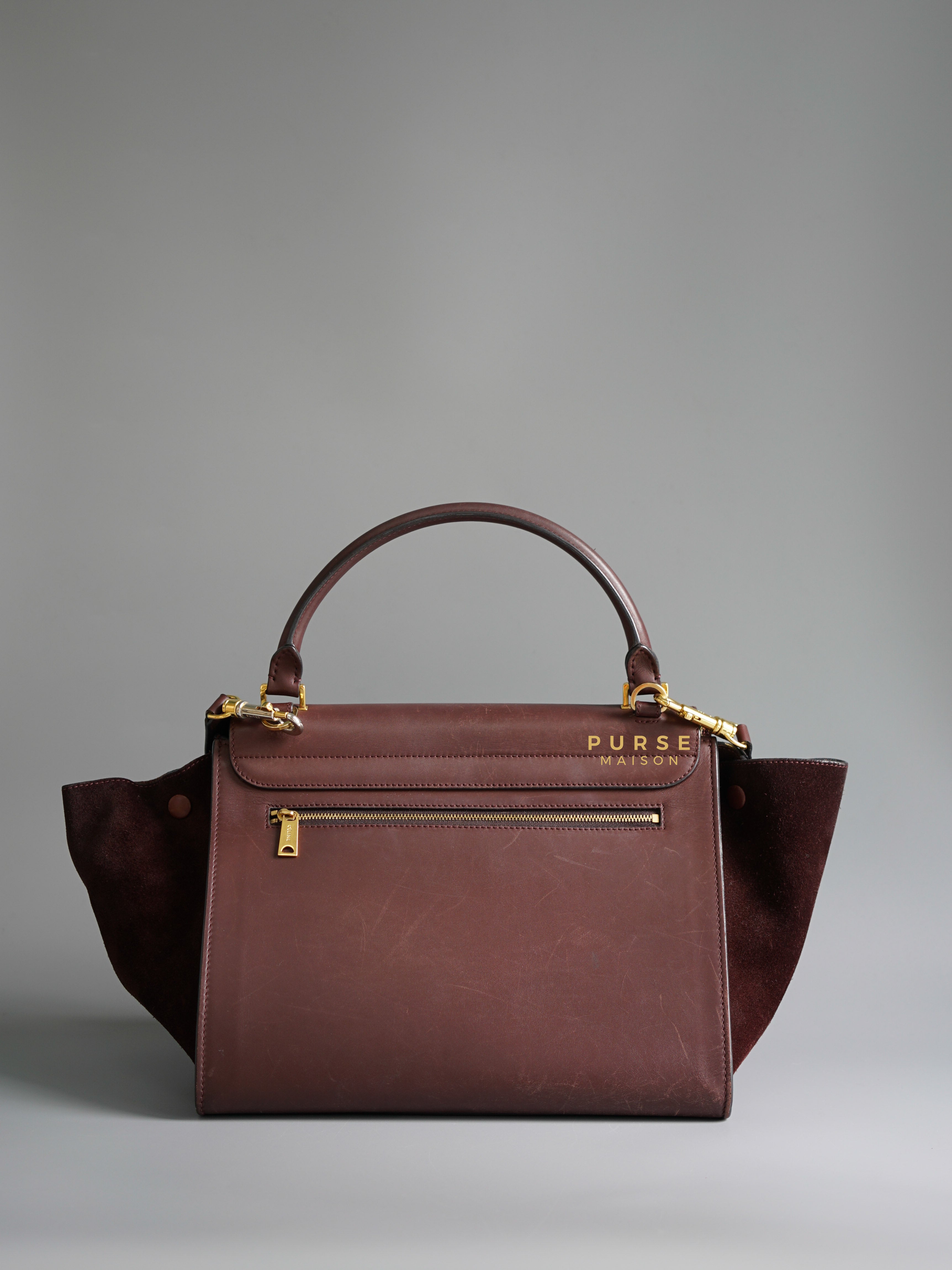 Celine Burgundy Smooth Calfskin Suede Medium Trapeze Long Strap Bag | Purse Maison Luxury Bags Shop