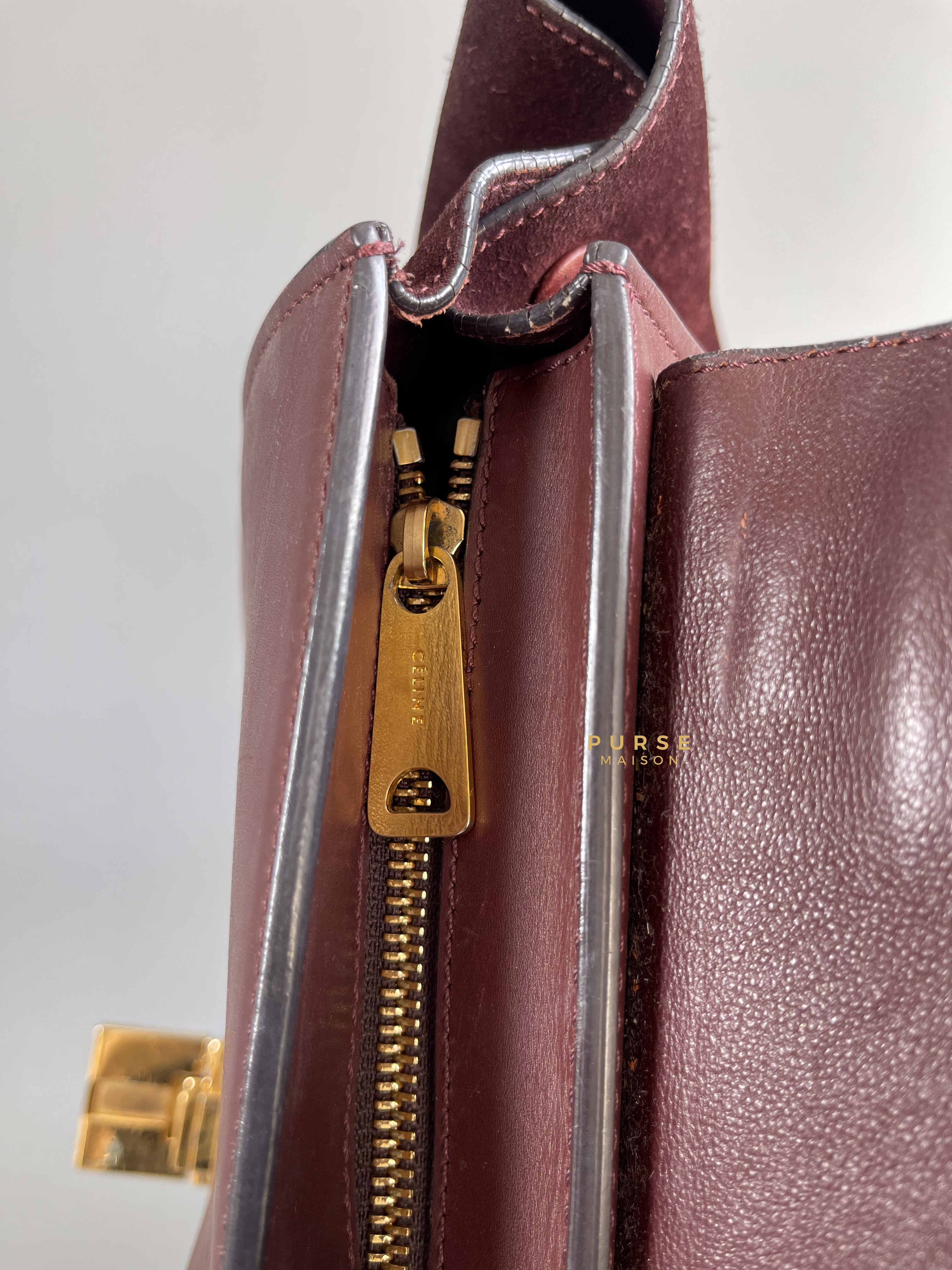 Celine Burgundy Smooth Calfskin Suede Medium Trapeze Long Strap Bag | Purse Maison Luxury Bags Shop