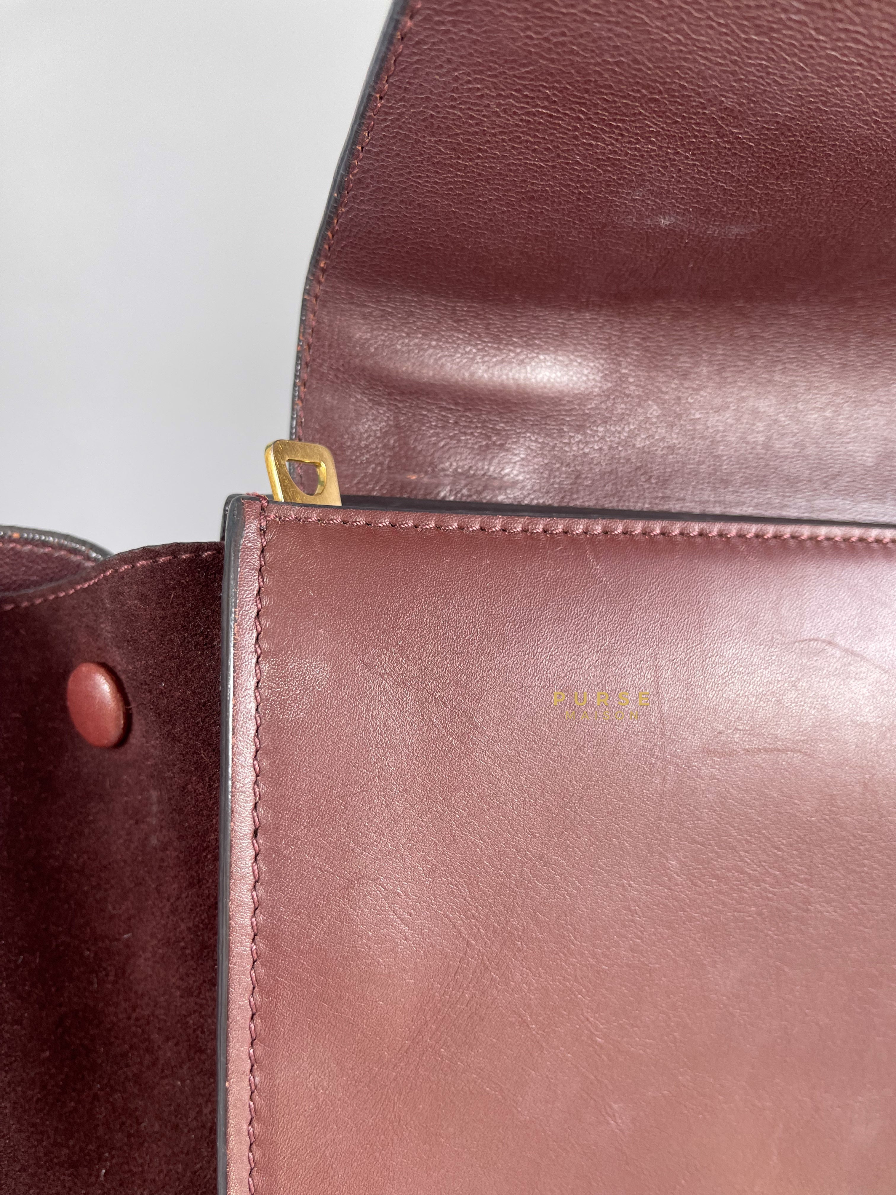 Celine Burgundy Smooth Calfskin Suede Medium Trapeze Long Strap Bag | Purse Maison Luxury Bags Shop