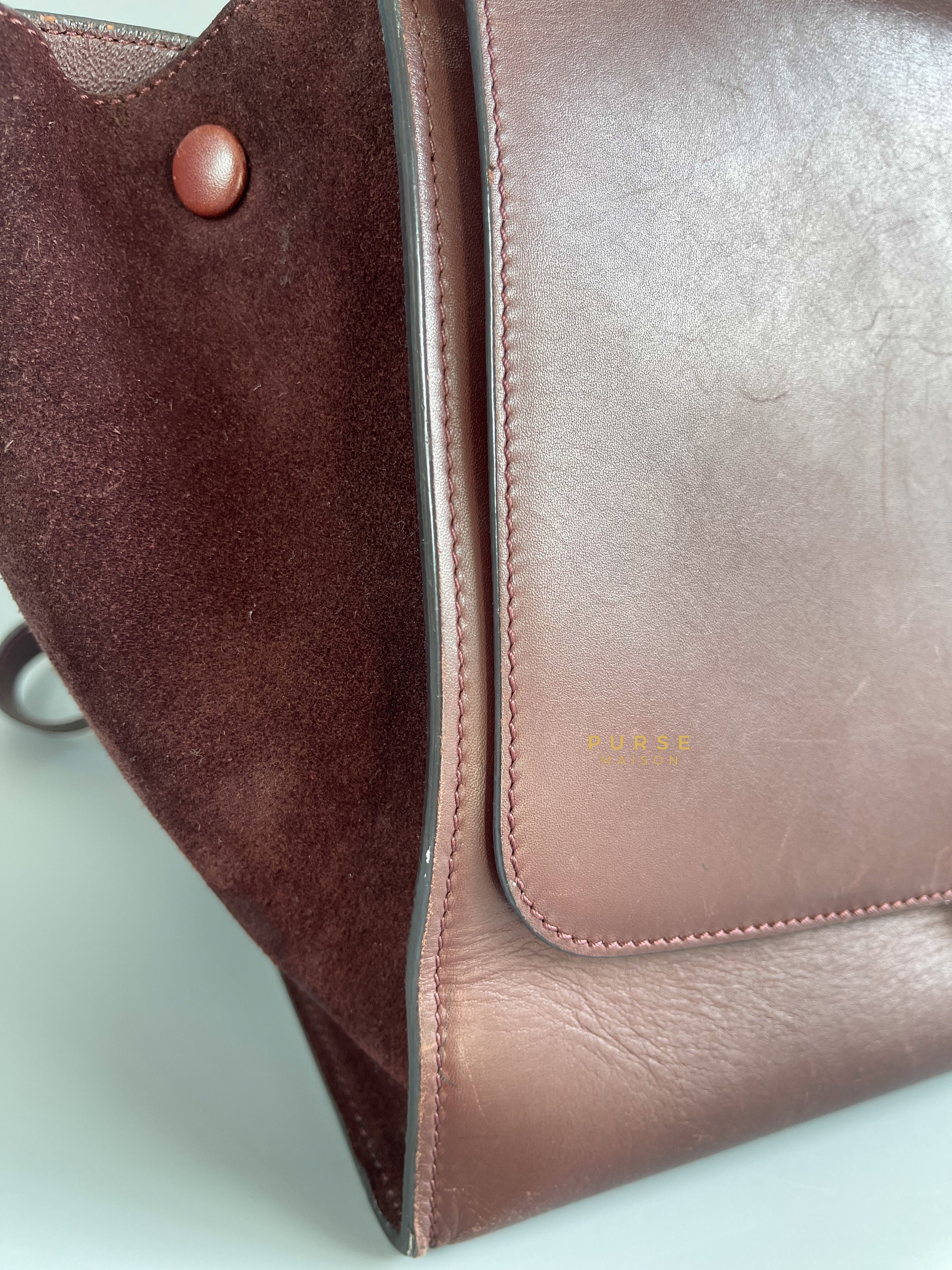 Celine Burgundy Smooth Calfskin Suede Medium Trapeze Long Strap Bag | Purse Maison Luxury Bags Shop