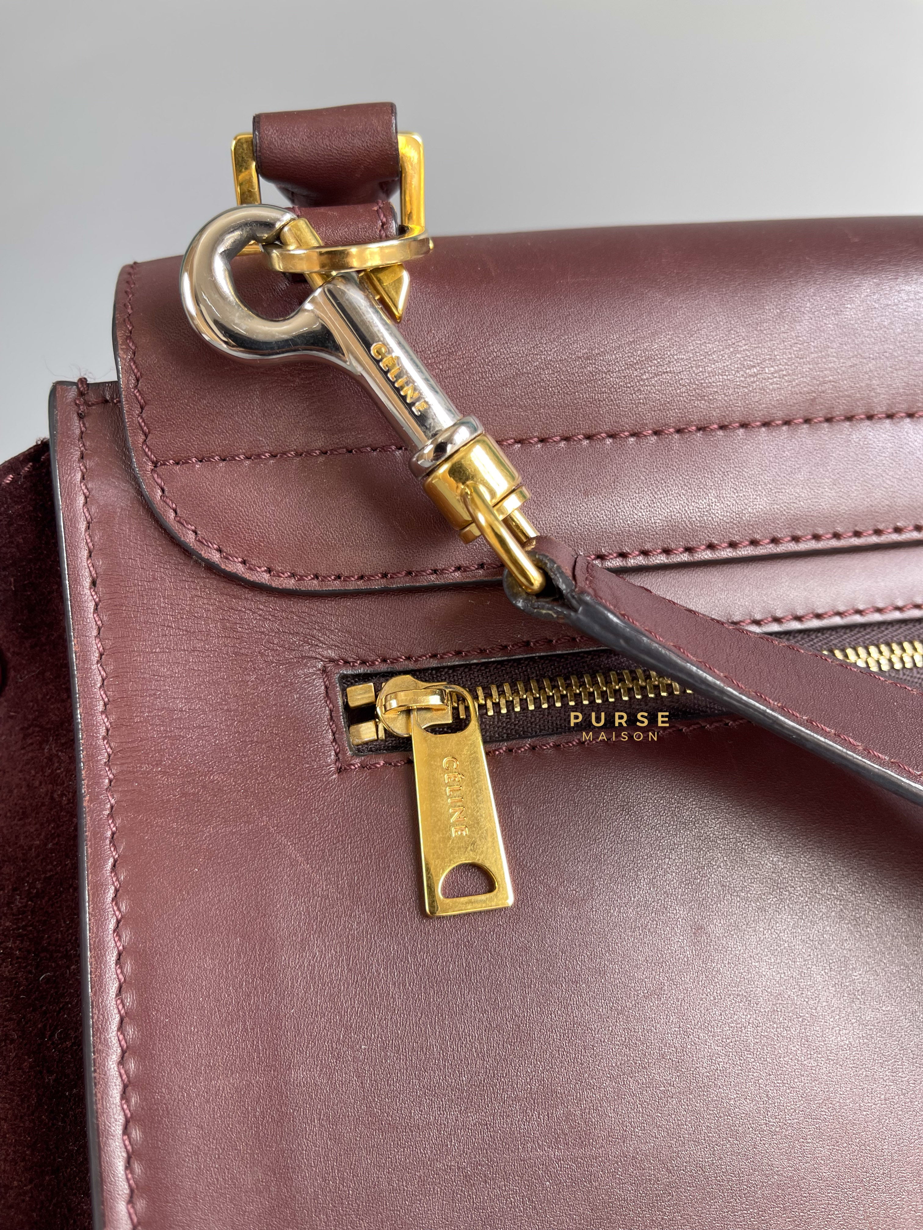 Celine Burgundy Smooth Calfskin Suede Medium Trapeze Long Strap Bag | Purse Maison Luxury Bags Shop