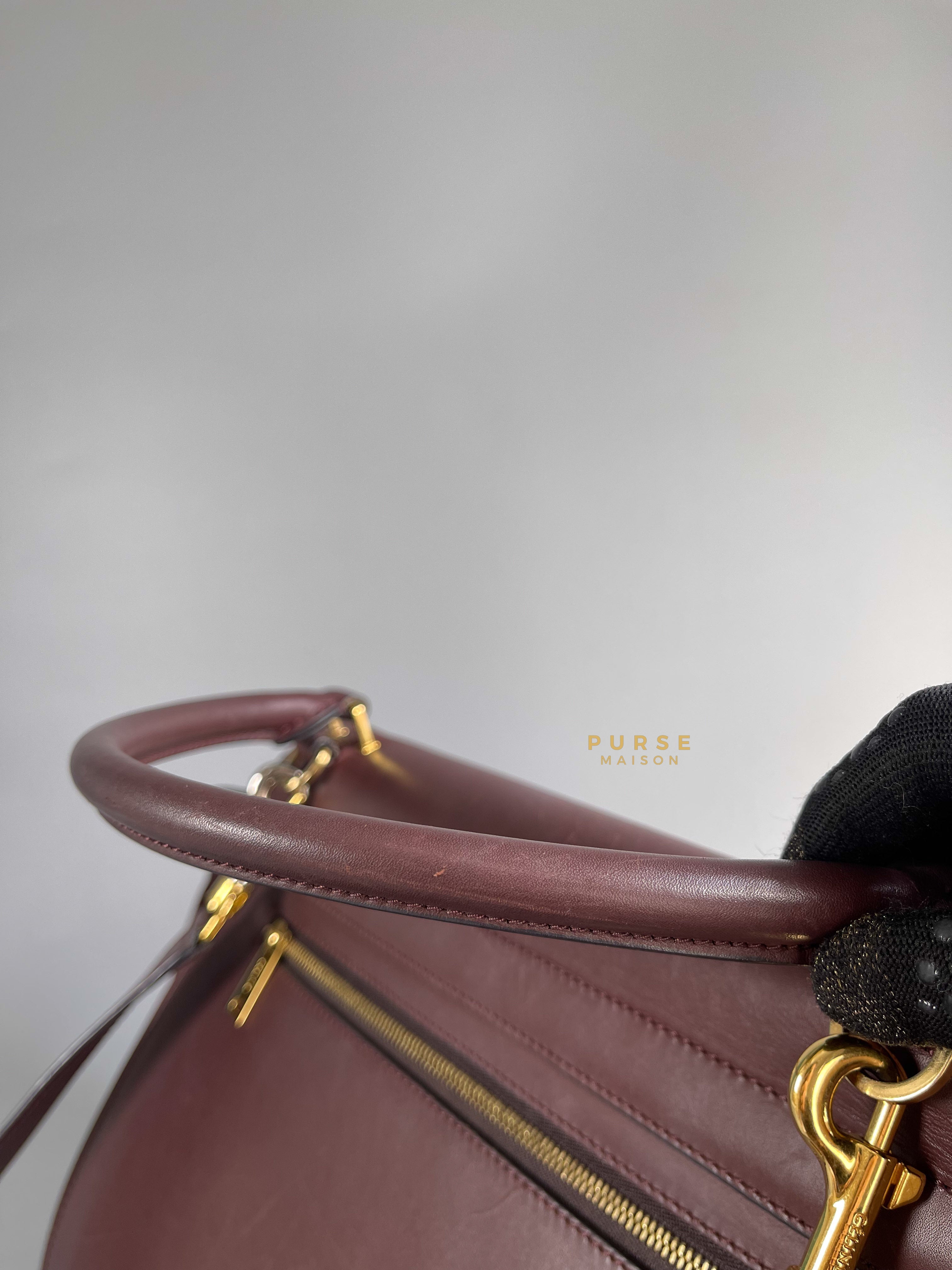 Celine Burgundy Smooth Calfskin Suede Medium Trapeze Long Strap Bag | Purse Maison Luxury Bags Shop