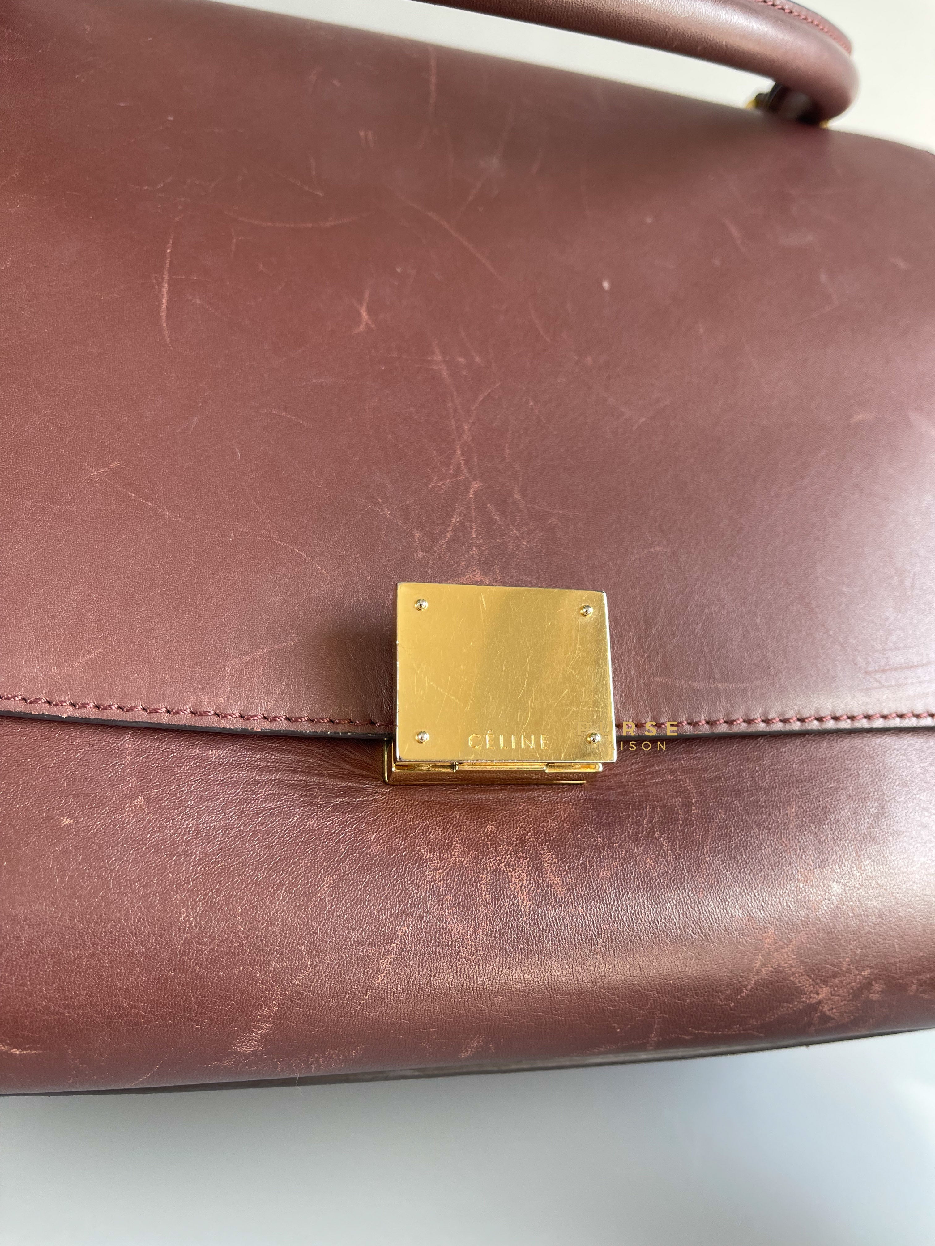 Celine Burgundy Smooth Calfskin Suede Medium Trapeze Long Strap Bag | Purse Maison Luxury Bags Shop