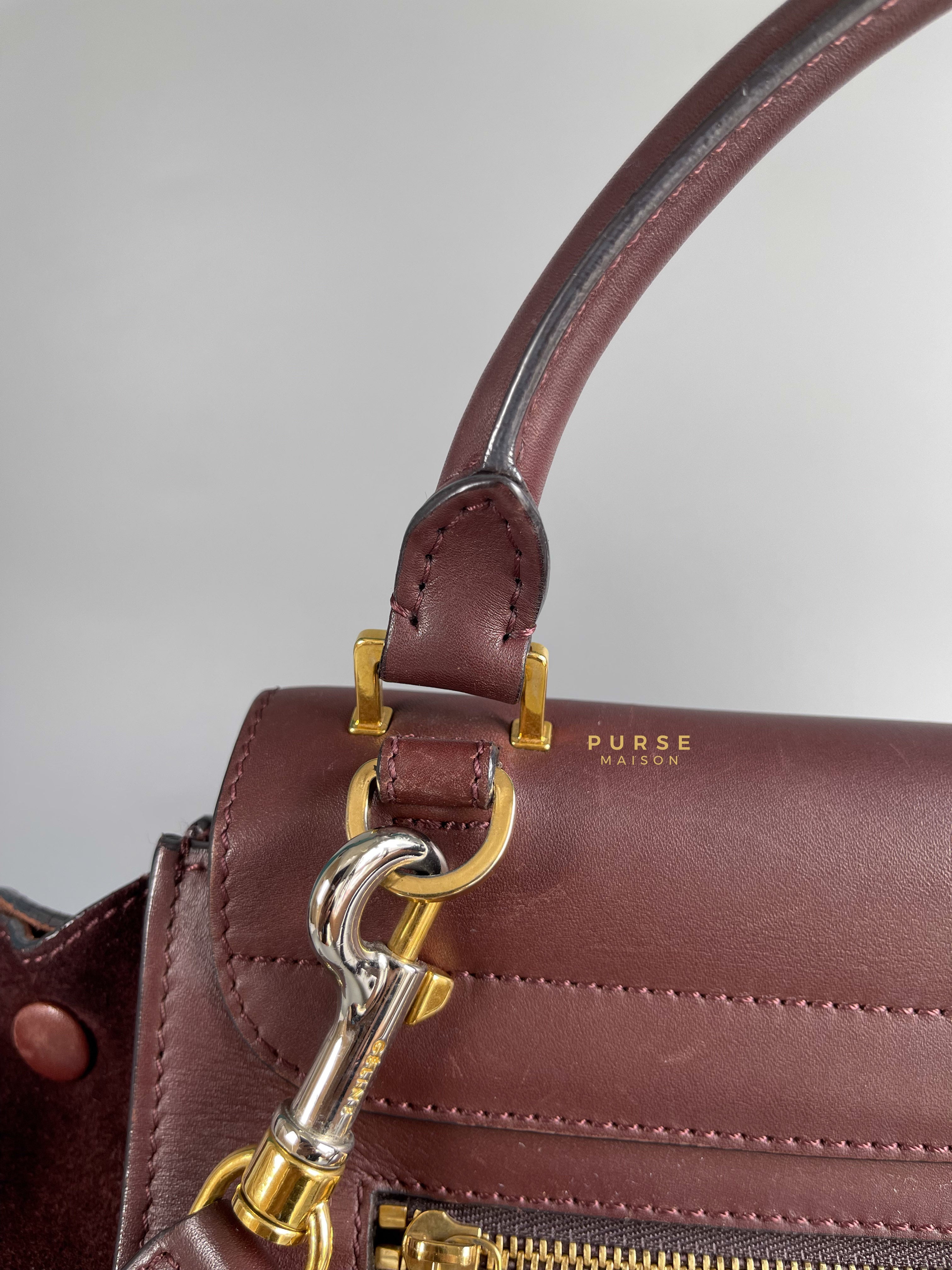 Celine Burgundy Smooth Calfskin Suede Medium Trapeze Long Strap Bag | Purse Maison Luxury Bags Shop